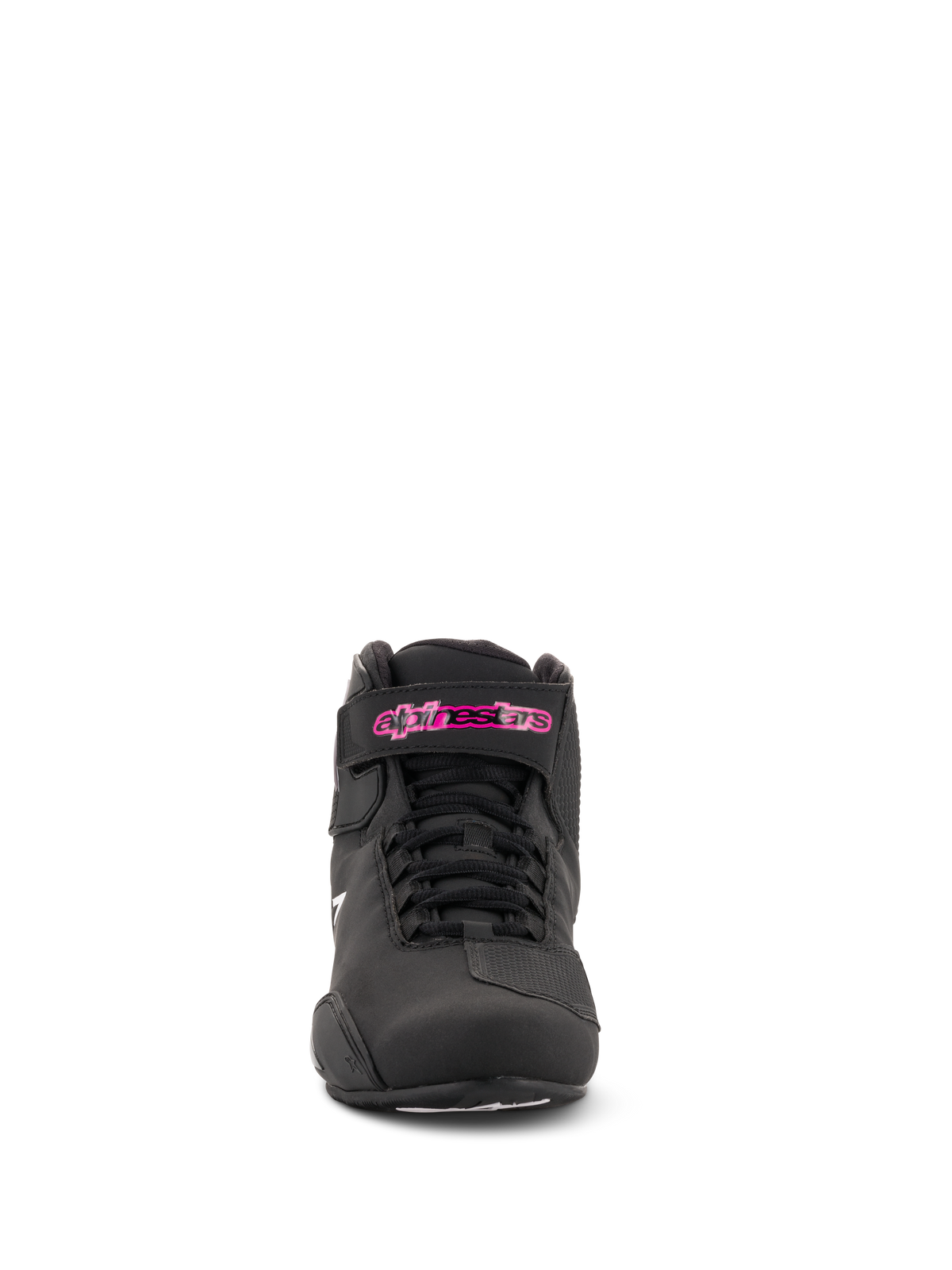 Alpinestars Scarpe Donna Stella Sektor, scarpe da moto, nero fucsia, vista frontale, realizzate in microfibra, lacci neri e logo fucsia sul cinturino alla caviglia, design sportivo ed elegante.