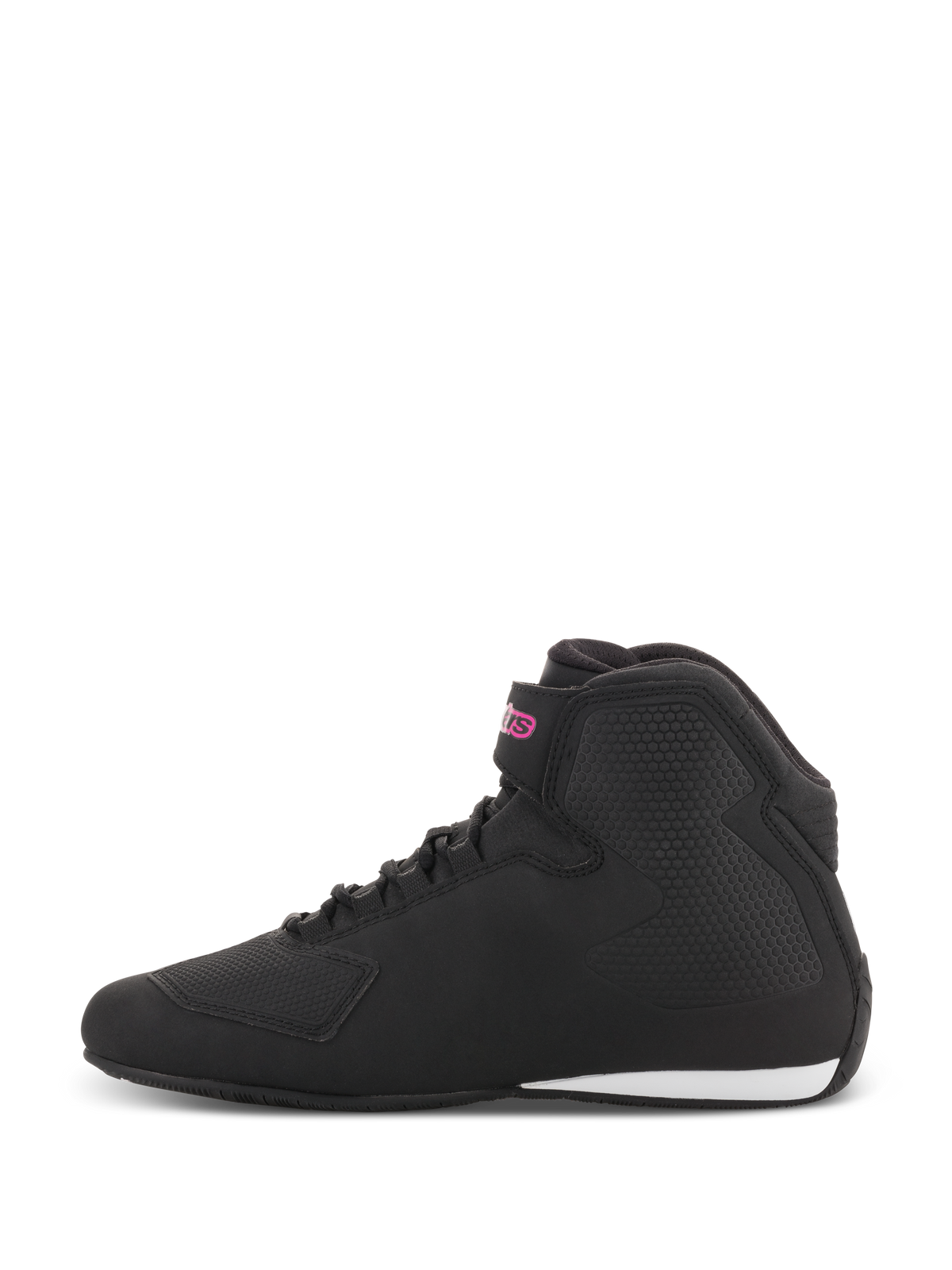 Alpinestars scarpe Stella Sektor da donna, scarpe da moto, nero e fucsia, profilo laterale con tomaia in microfibra nera, logo fucsia sul cinturino alla caviglia e dettaglio bianco sul tallone