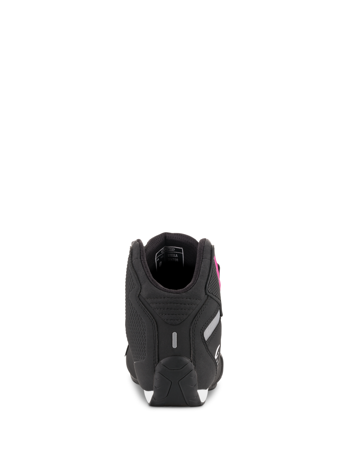 Scarpe Alpinestars Stella Sektor da donna, nero e fucsia, vista posteriore con costruzione del tallone e dettaglio riflettente, calzature da moto in microfibra leggera