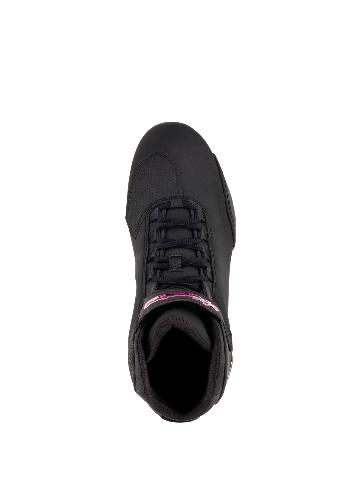 Alpinestars Scarpe Donna Stella Sektor, scarpe da moto, nero e fucsia, vista dall'alto che mostra il sistema di allacciatura rapida e il logo fucsia sul cinturino alla caviglia, struttura in microfibra leggera dal profilo sportivo elegante