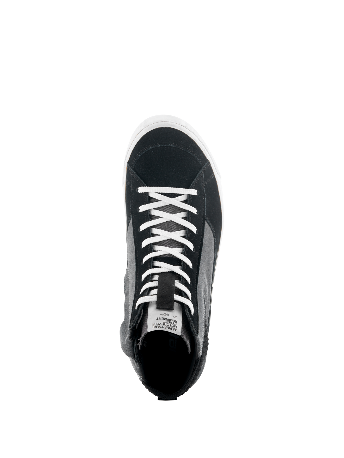 Alpinestars Scarpe Stated, vista dall'alto di sneaker da moto nera, grigia e bianca, con lacci bianchi, tomaia in scamosciato e tela, suola vulcanizzata bianca, calzatura da guida urbana