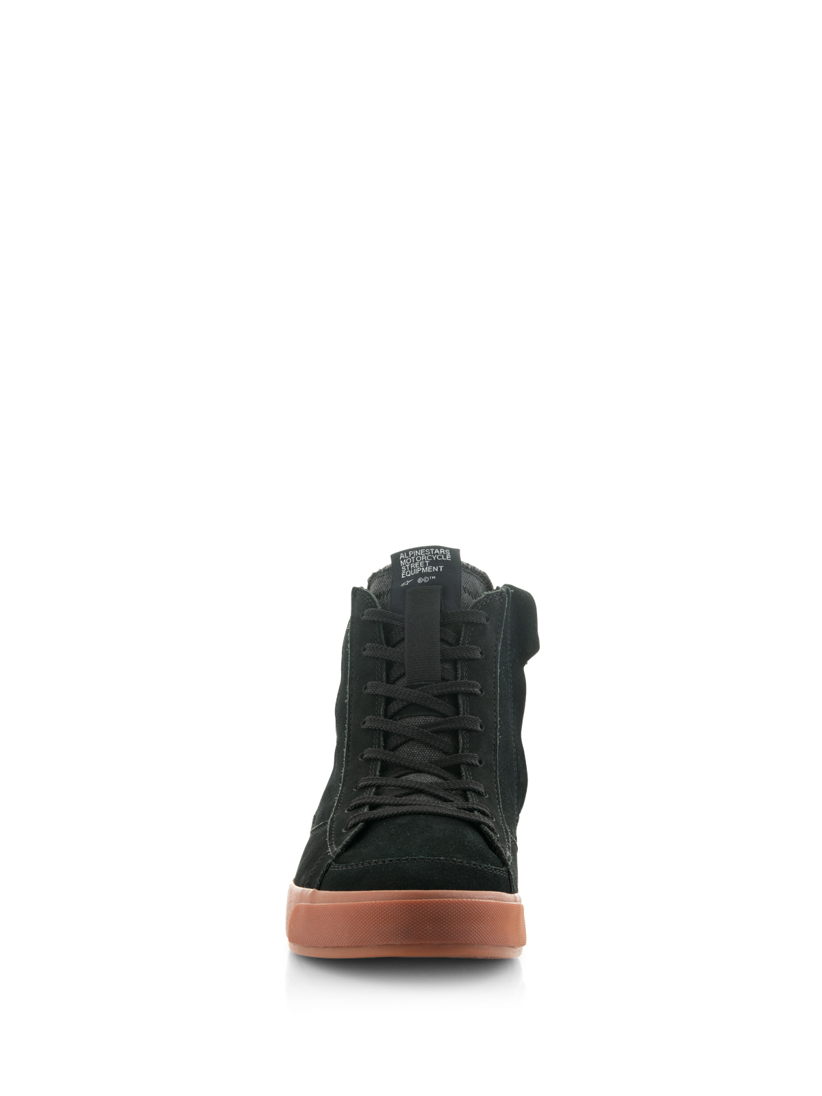 Alpinestars Stated Shoes, scarpe da moto urbane, Black Gum, vista frontale con tomaia in nabuk e camoscio nero, lacci classici e suola in gomma testurizzata, calzature protettive ispirate allo skate