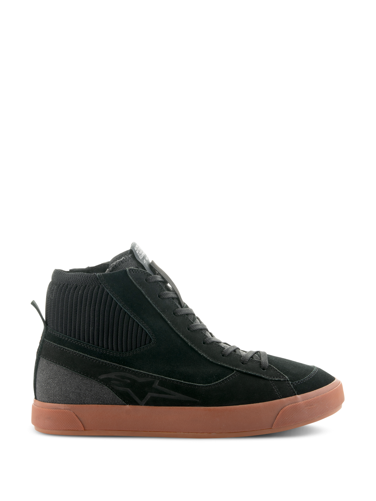 Alpinestars Stated Shoes, sneaker da moto alta nera con suola in gomma marrone, tomaia in camoscio e tela con colletto della caviglia in maglia a coste, design streetwear ispirato allo stile skate retro