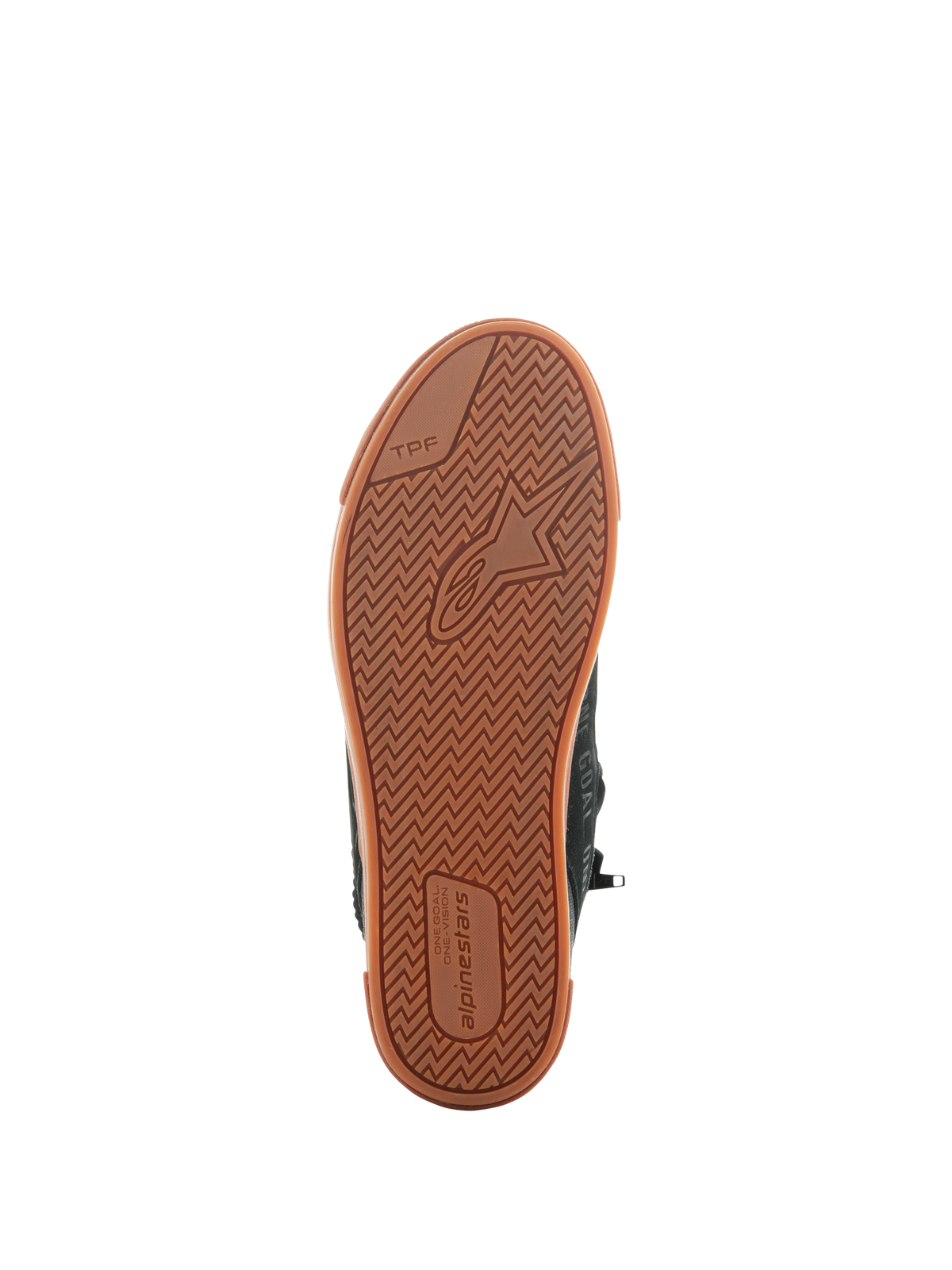Alpinestars Stated Shoes, Black Gum, vista dal basso della suola in gomma vulcanizzata con motivo di trazione a spina di pesce, logo Alpinestars e marchio TPF (Transversal Protection Frame), calzature da moto urban