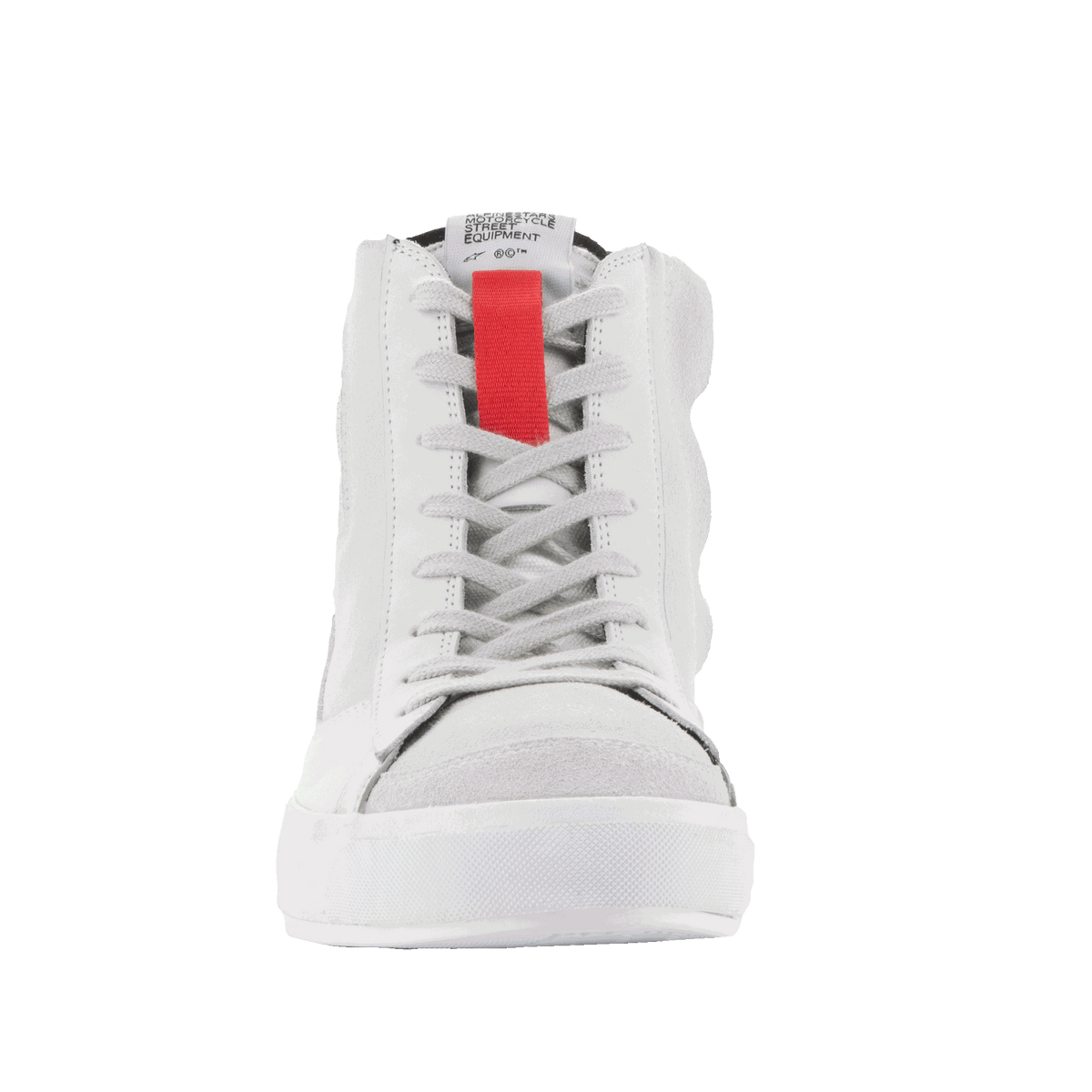 Alpinestars Scarpe Stated, scarpe da moto urban bianche e grigie con dettaglio rosso e design stile skate, vista frontale
