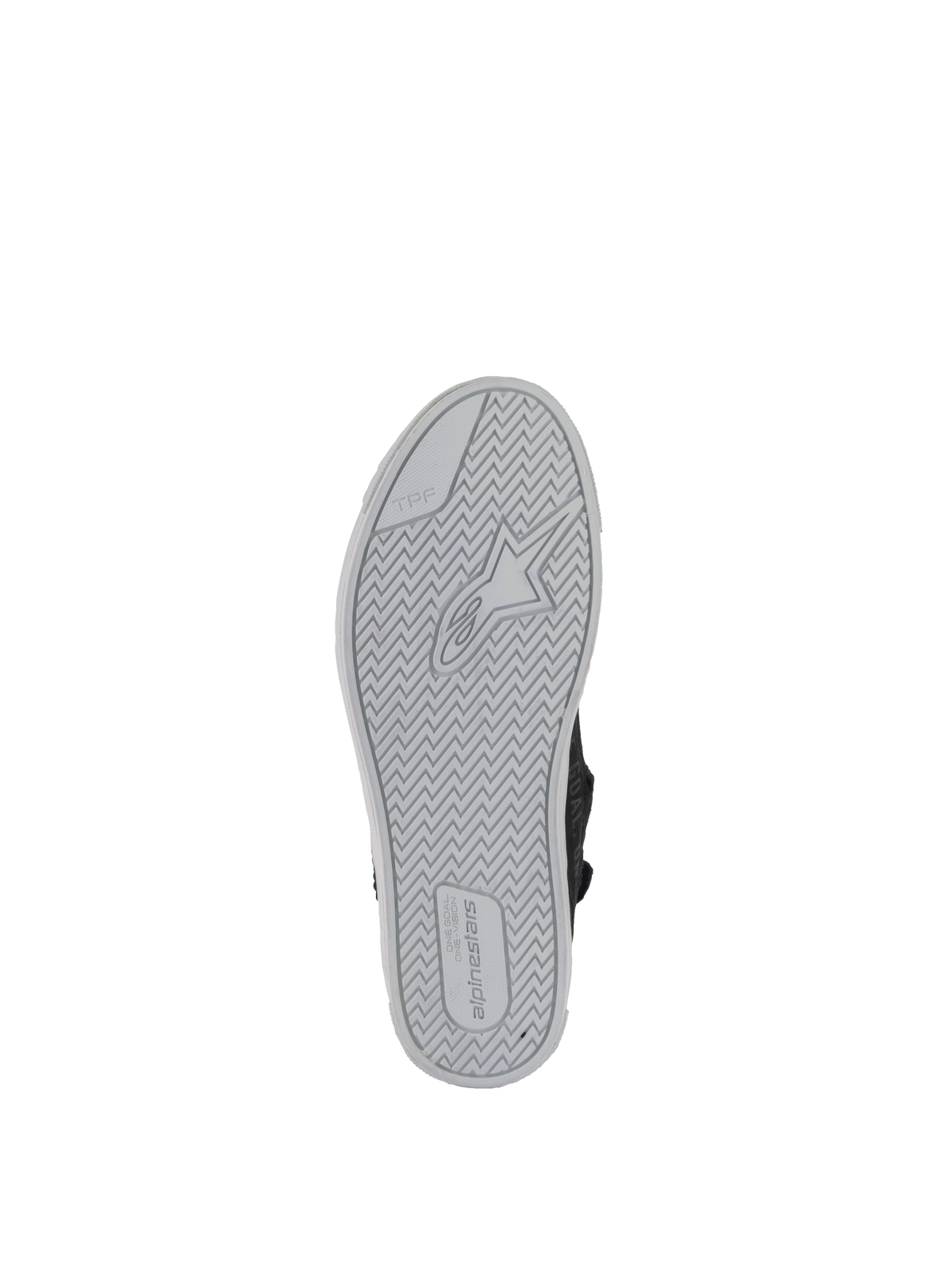 Alpinestars Scarpe Stella Stated Podium, scarpe da moto urban da donna, nero e grigio chiaro, vista della suola in gomma vulcanizzata con logo Alpinestars e protezione TPF