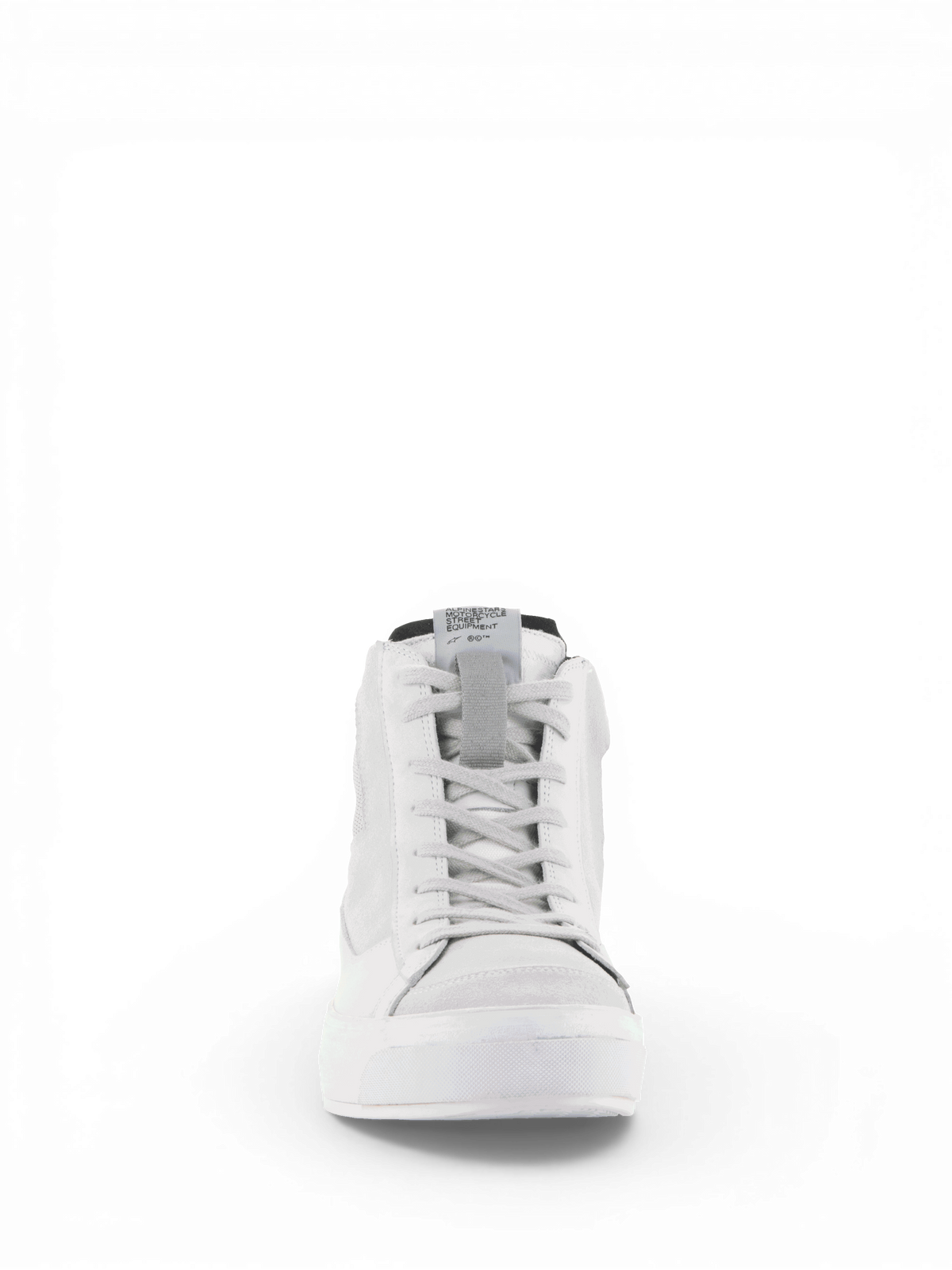 Alpinestars Scarpe Stella Stated Podium, scarpe da moto urban da donna, bianco e grigio freddo, vista frontale con lacci.