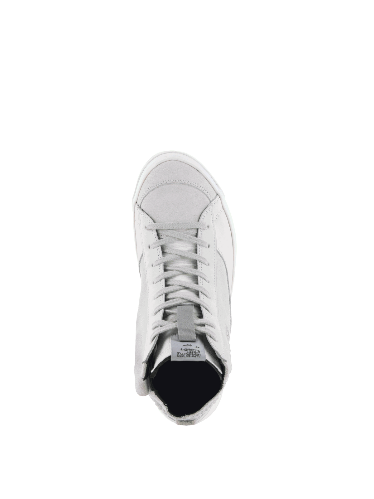 Alpinestars Scarpe Stella Stated Podium, scarpe da moto urban da donna in pelle, bianco e grigio freddo, vista dall'alto.