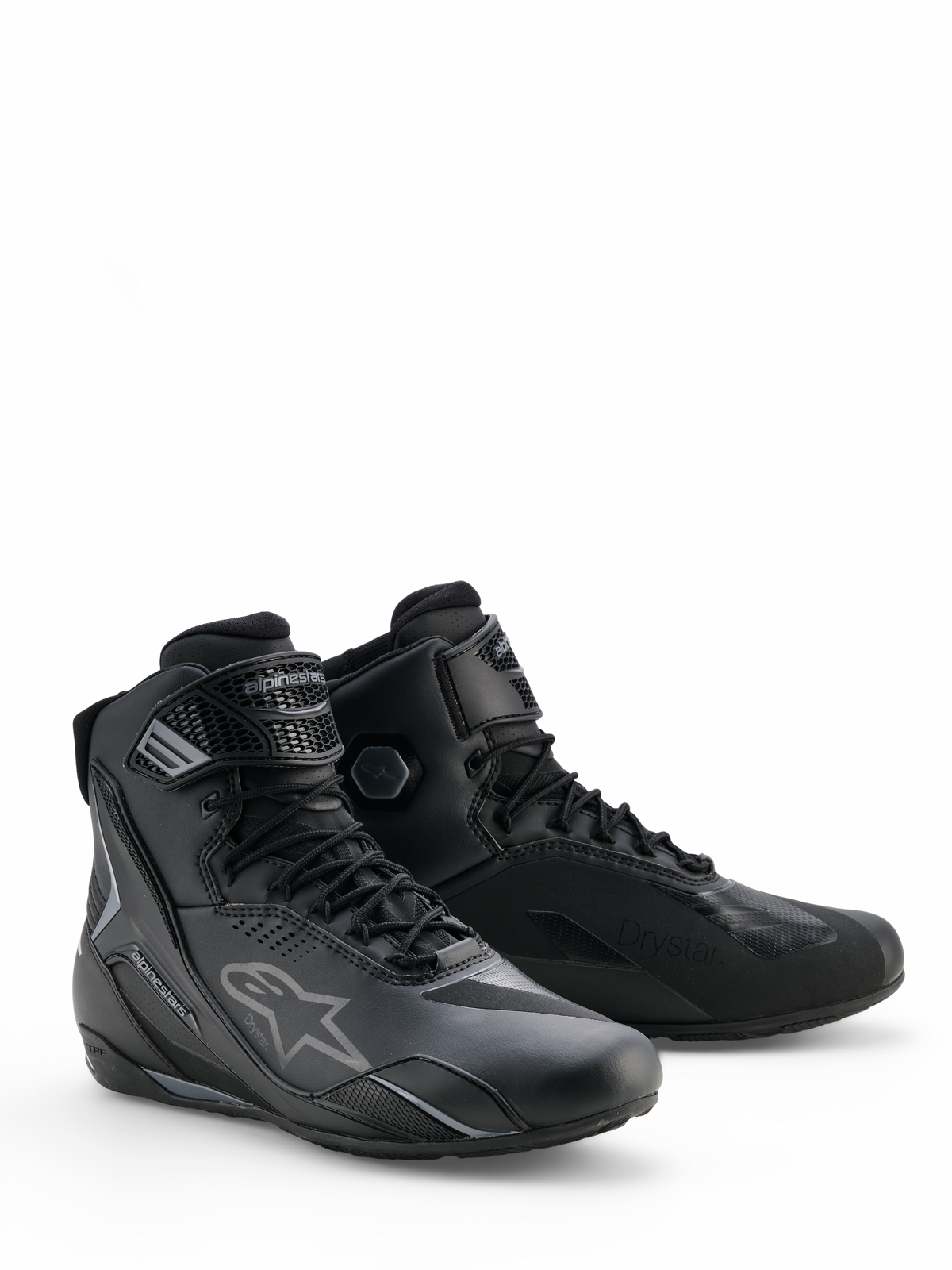 Scarpe Alpinestars Faster-4 Drystar®, scarpe da moto Nero Cool Gray, design a profilo alto con chiusura a lacci e cinturino regolabile sulla caviglia, con l'iconico logo a stella e il marchio Drystar, calzature sportive resistenti e impermeabili