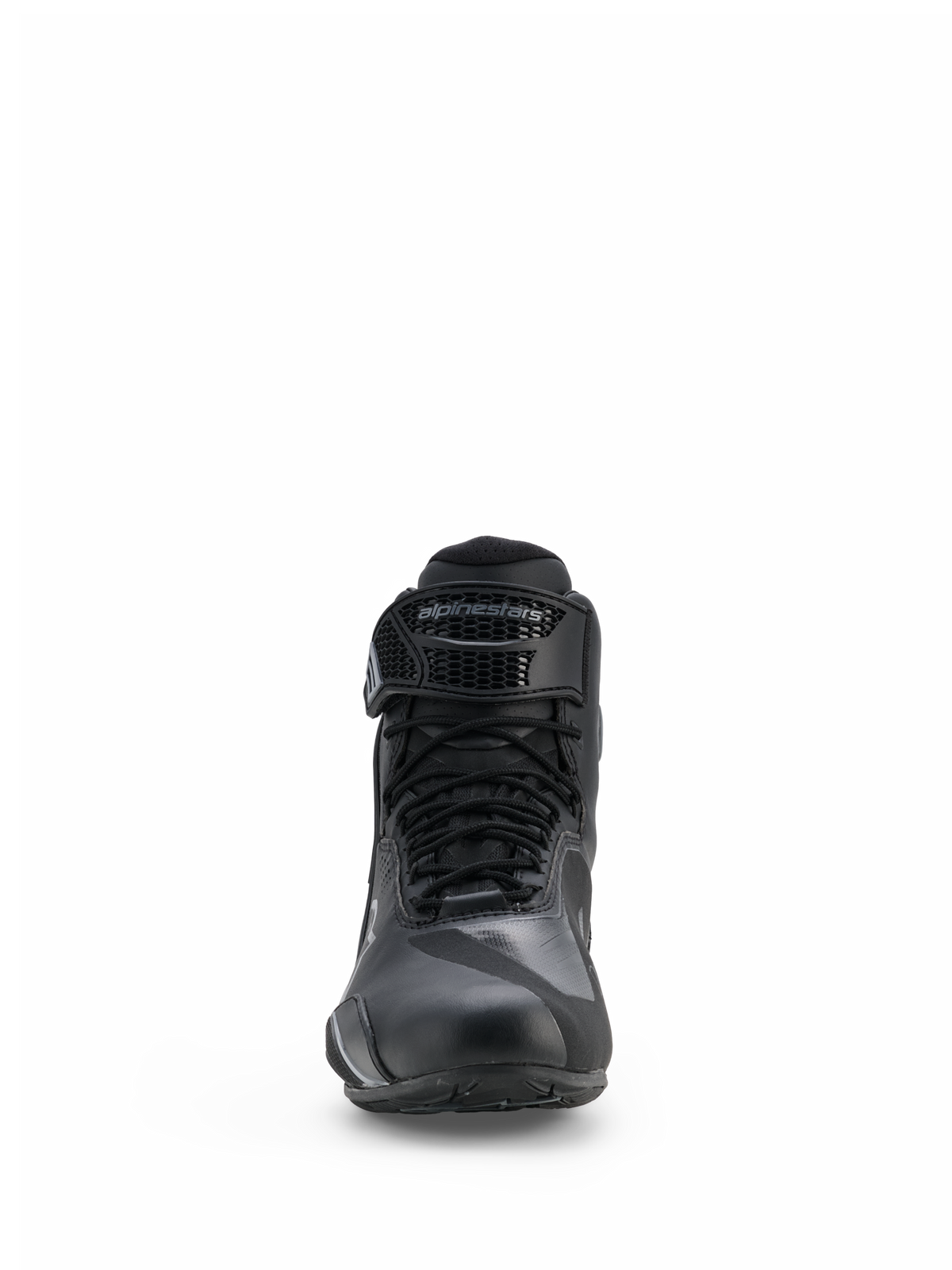 Scarpe Alpinestars Faster-4 Drystar®, scarpe da moto, nero e grigio cool gray, vista frontale con chiusura a lacci e cinturino regolabile a strappo con marchio Alpinestars, design impermeabile elegante per sport su strada