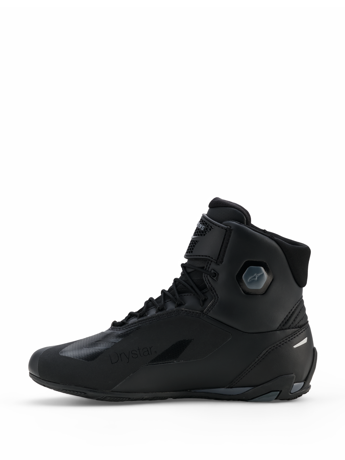 Scarpe Alpinestars Faster-4 Drystar®, scarpe da moto, Nero Cool Gray, vista laterale con costruzione in microfibra senza cuciture, marchio Drystar impermeabile, chiusura con lacci e cinturino alla caviglia e struttura protettiva integrata della caviglia.