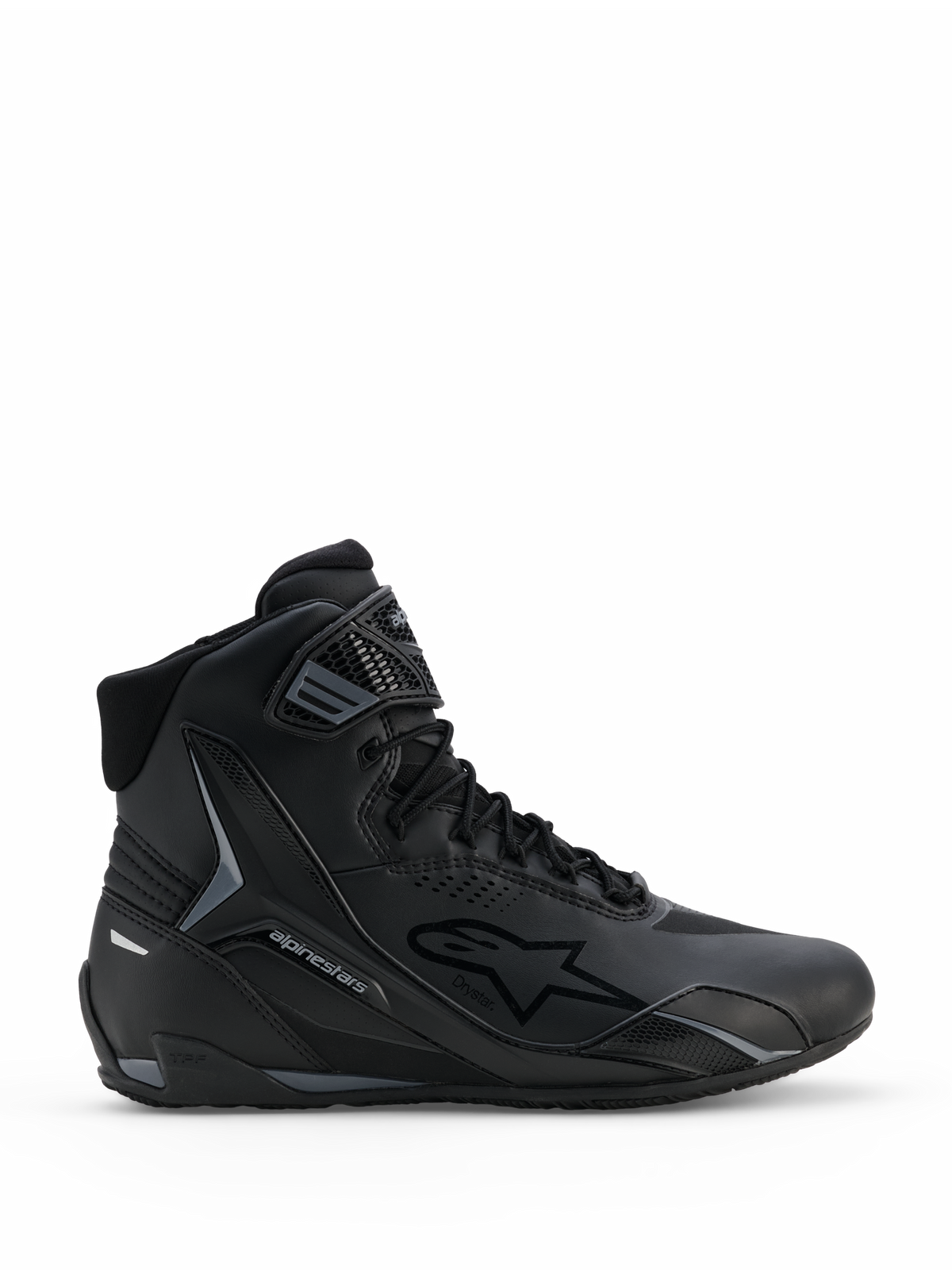 Alpinestars Faster-4 Drystar, scarpe da moto nero e grigio, design alto con chiusura stringata e cinturino alla caviglia a strappo, membrana impermeabile Drystar e logo Alpinestars, profilo sportivo per guida su strada