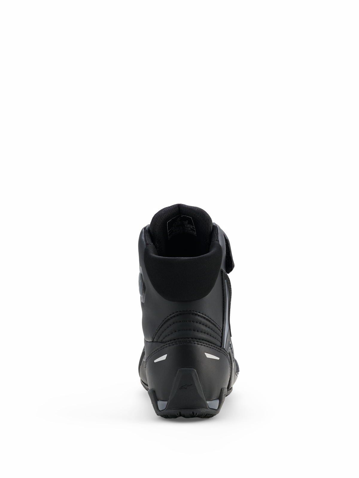 Scarpe Alpinestars Faster-4 Drystar®, scarpe da moto, Nero Cool Gray, vista posteriore con tallone rinforzato, colletto imbottito e dettagli riflettenti, costruzione in microfibra impermeabile per guida sportiva