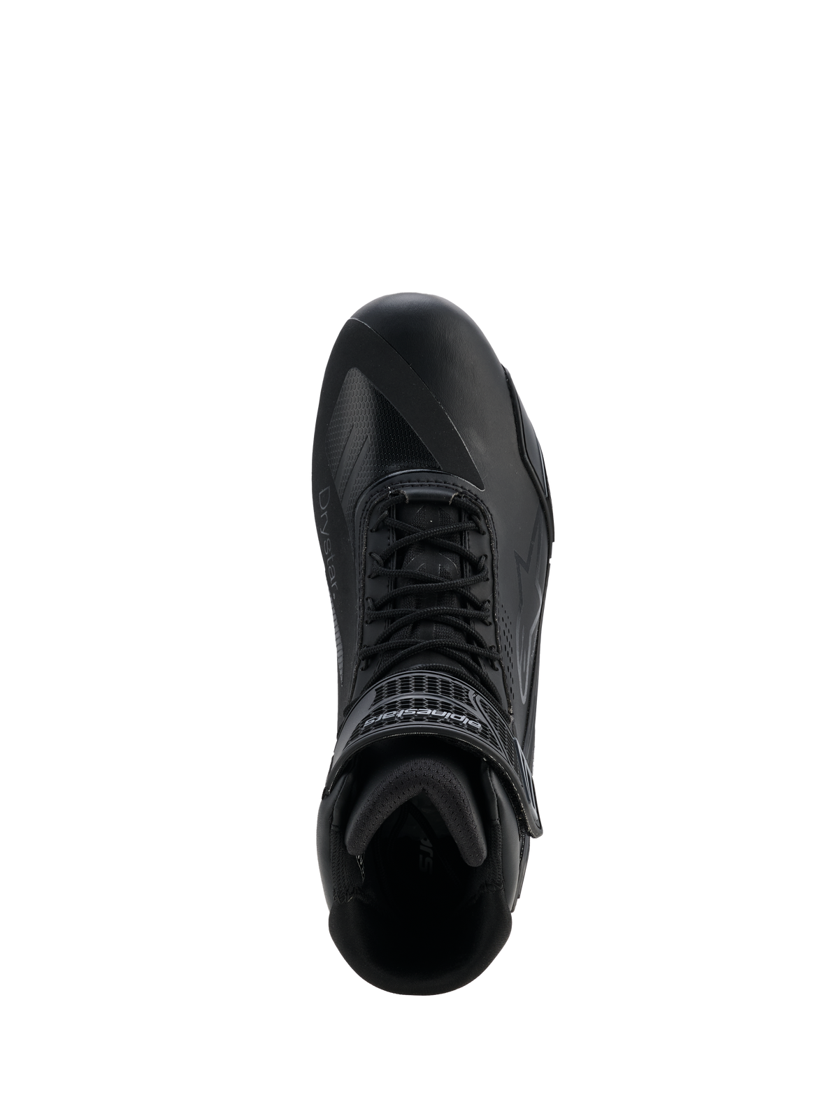 Scarpe Alpinestars Faster-4 Drystar®, Black Cool Gray, vista dall'alto della scarpa tecnica da moto, con chiusura a lacci e cinturino a strappo sulla caviglia, costruzione in microfibra senza cuciture con marchio Drystar®, profilo atletico per la guida stradale protettiva.