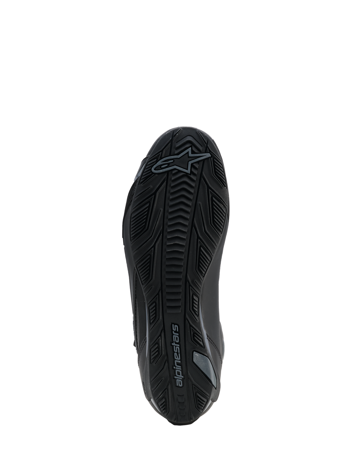 Scarpe Alpinestars Faster-4 Drystar®, Nero Cool Gray, vista della suola che mostra la gomma testurizzata con motivo grip e il logo Alpinestars, design rinforzato per stabilità e trazione.