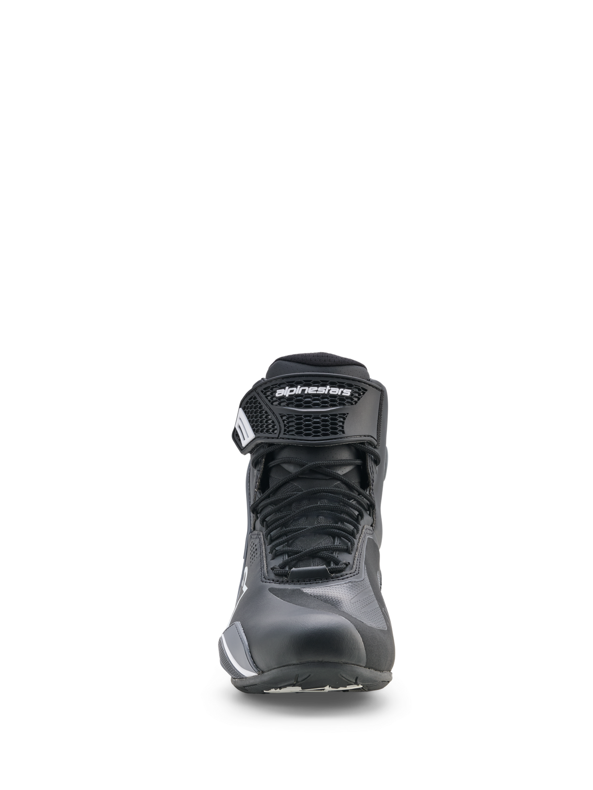 Scarpe Alpinestars Faster-4 Drystar®, scarpe da moto, nero, grigio freddo e bianco, vista frontale con chiusura a lacci e cinturino alla caviglia a strappo, profilo basso sportivo per guida su strada