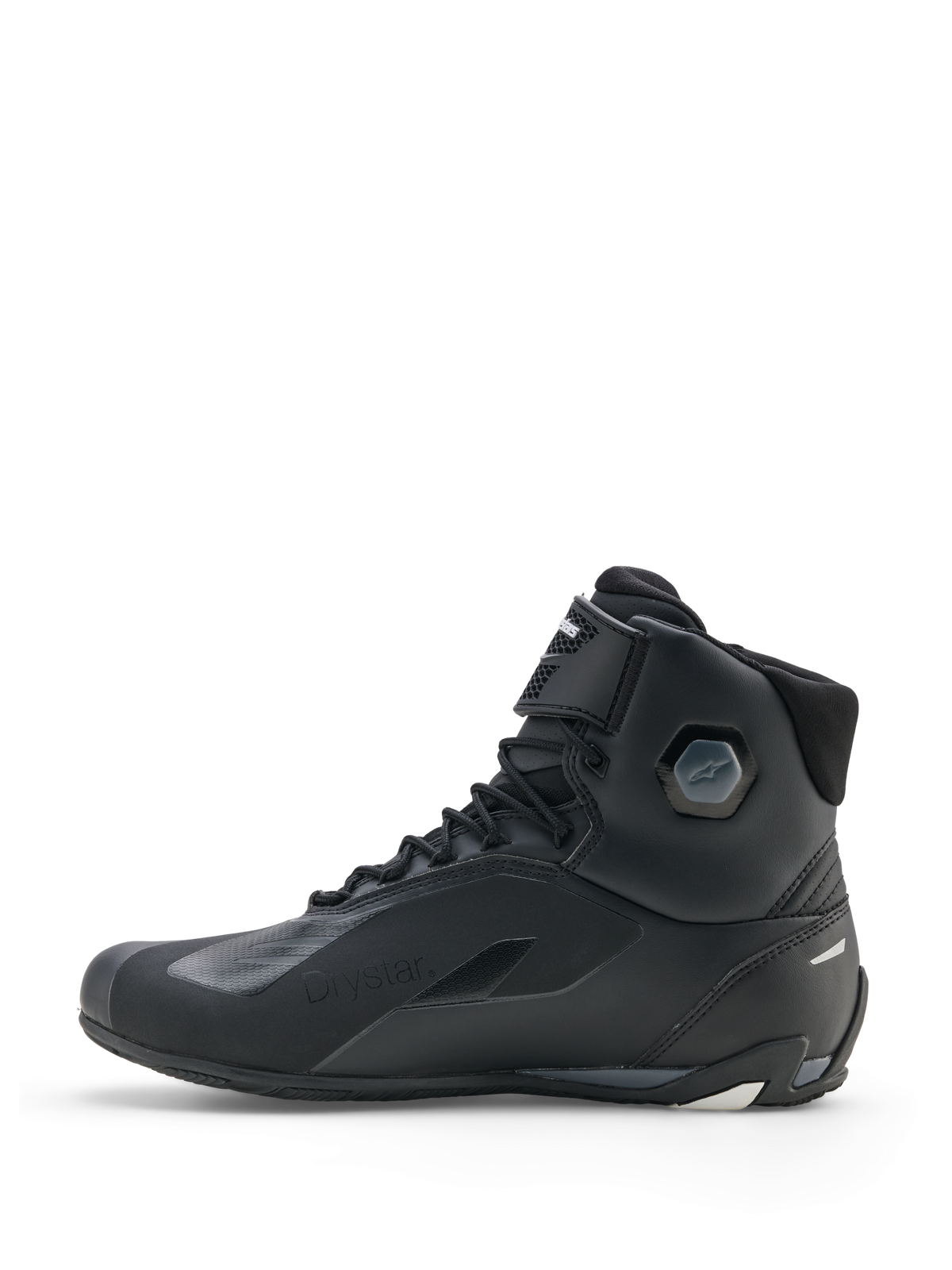 Alpinestars Faster-4 Drystar® Shoes, scarpe da moto, Nero Cool Gray Bianco, vista laterale con costruzione impermeabile, chiusura con lacci e cinturino a strappo e protezione integrata della caviglia.