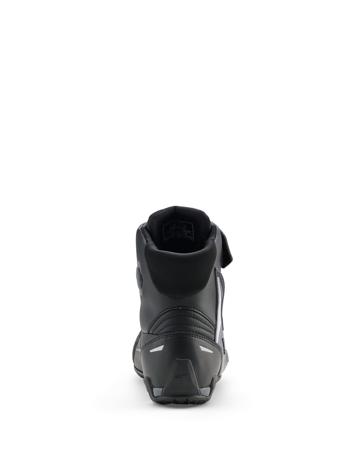 Alpinestars Scarpe Faster-4 Drystar®, scarpe da moto, nero, grigio freddo e bianco, vista posteriore che mostra il colletto imbottito, tallone rinforzato con inserti riflettenti e suola in gomma testurizzata per prestazioni sportive.