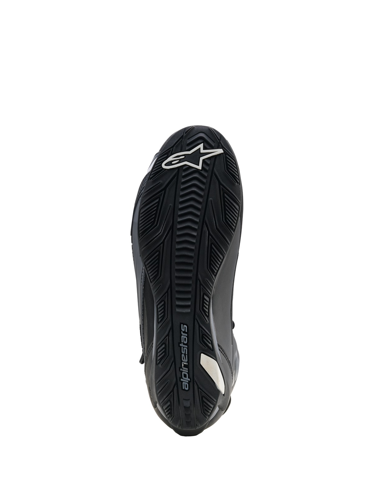 Scarpe Alpinestars Faster-4 Drystar, scarpe da moto, nero, vista della suola che mostra la suola in gomma rinforzata con grip testurizzato, logo a stella bianco sulla punta e marchio Alpinestars, progettata per stabilità e aderenza sulle pedane.
