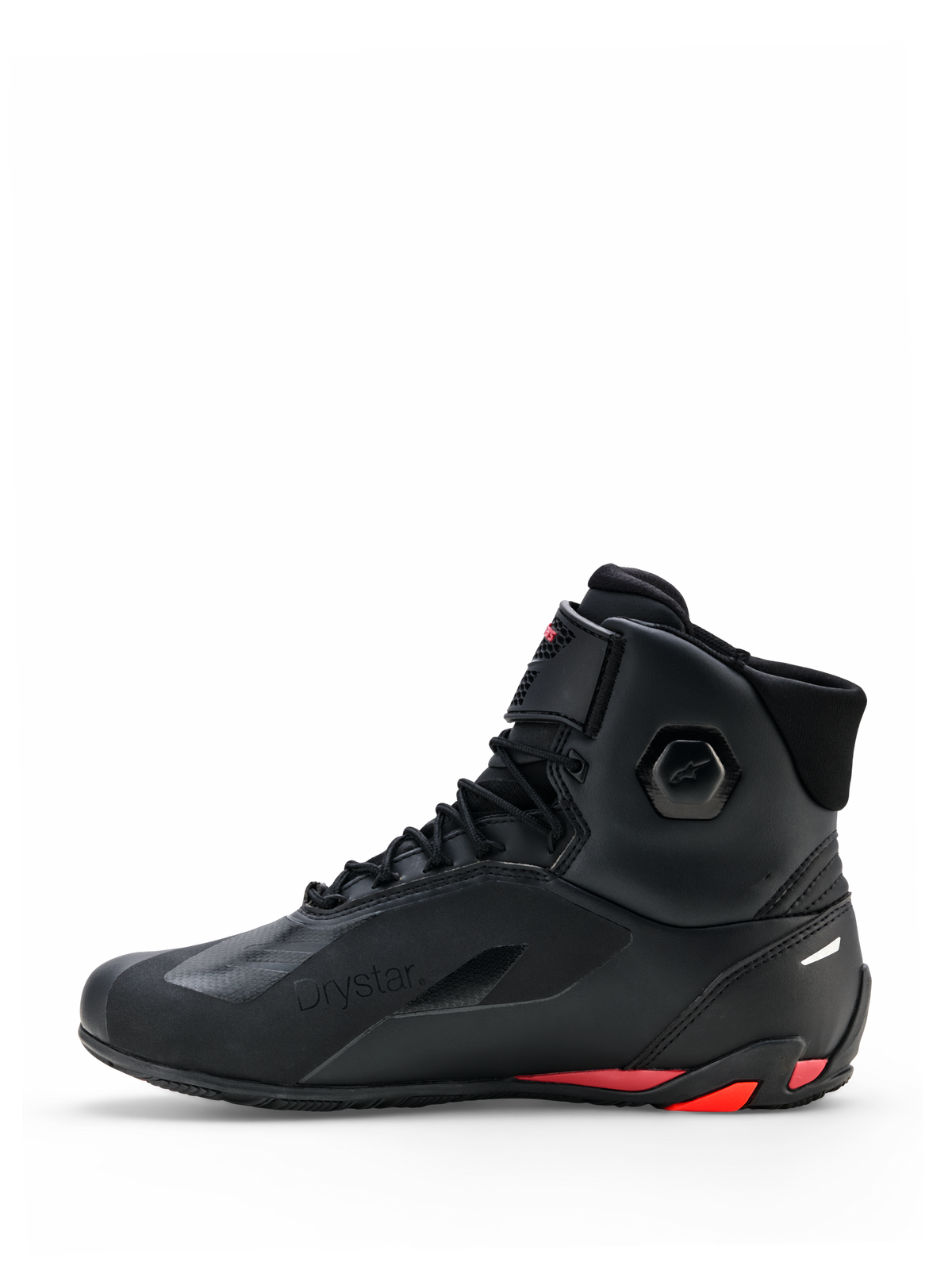 Scarpe Alpinestars Faster-4 Drystar®, scarpe da moto, nero con accenti Rio Red e Red Fluo, profilo laterale, con struttura in microfibra senza cuciture, marchio Drystar e tallone rinforzato con dettagli rossi