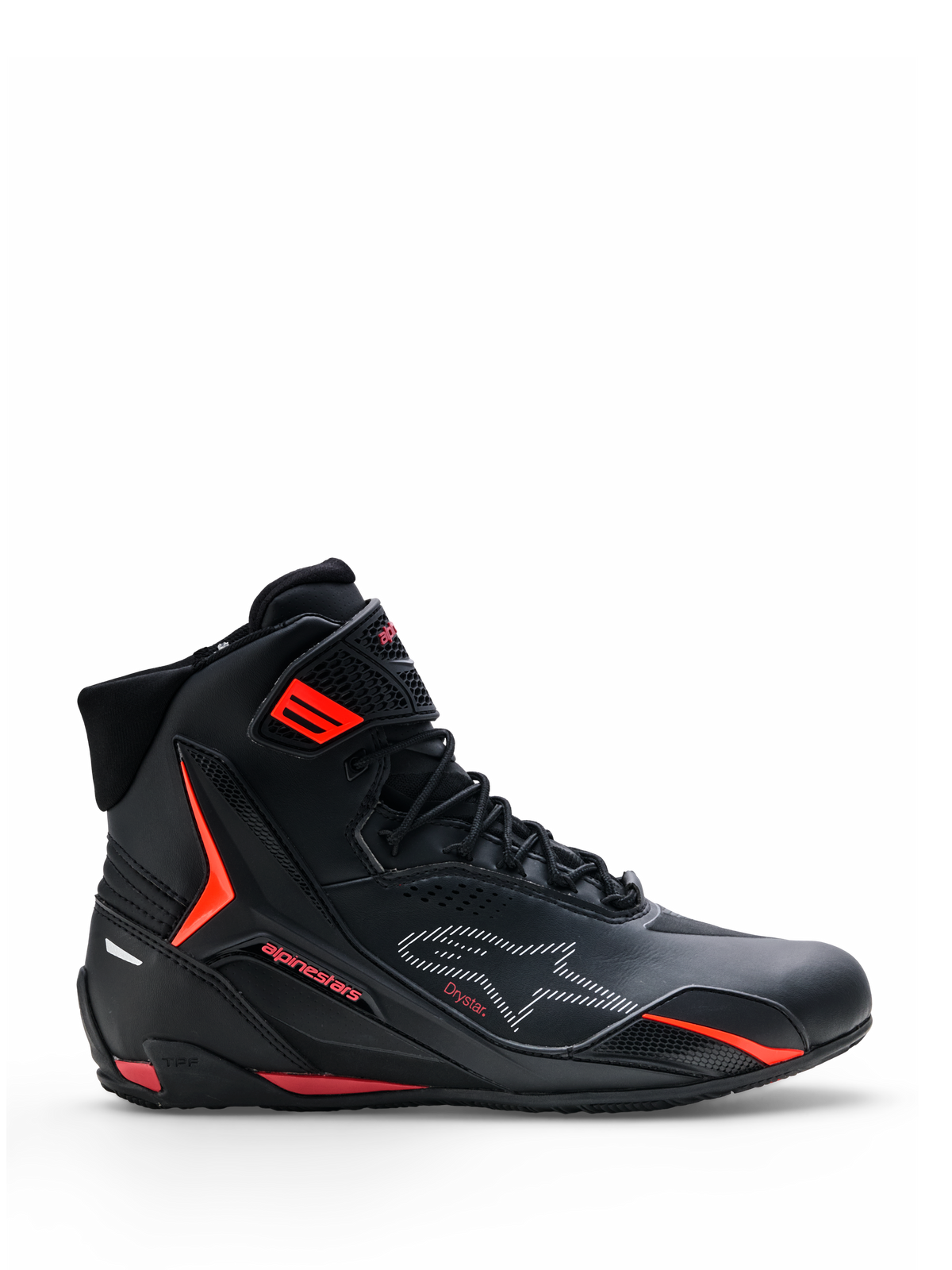 Scarpe Alpinestars Faster-4 Drystar®, scarpe da moto, nere con dettagli Rio Red e Red Fluo, vista laterale di profilo, design a profilo alto con chiusura a lacci e cinturino sulla caviglia, stile urban sportivo