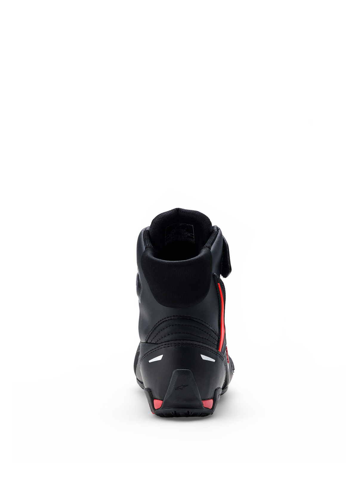 Scarpe Alpinestars Faster-4 Drystar®, scarpe da moto, nero con accenti Rio Red e rosso fluo, vista posteriore con contrafforte del tallone rinforzato, design high-top e costruzione in microfibra senza cuciture.