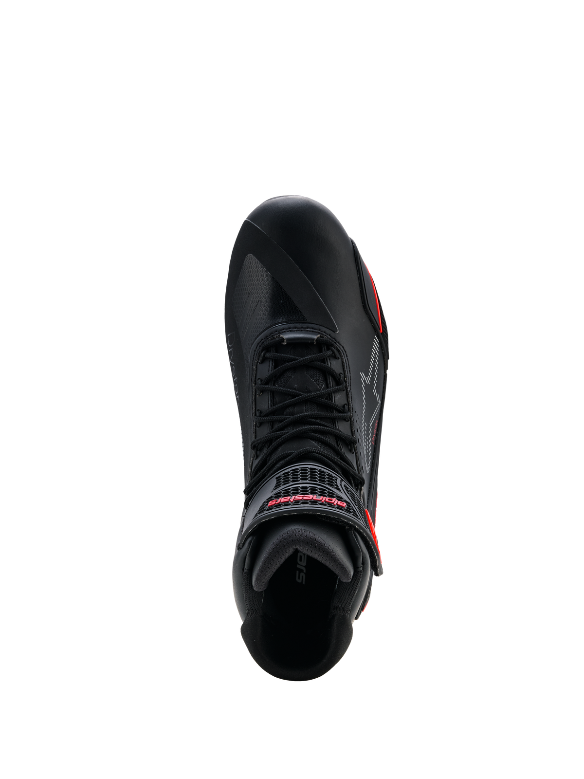 Scarpe Alpinestars Faster-4 Drystar®, nero con accenti Rio Red e Red Fluo, vista dall'alto che mostra il sistema di allacciatura e il cinturino a strappo con marchio rosso, calzature da moto impermeabili