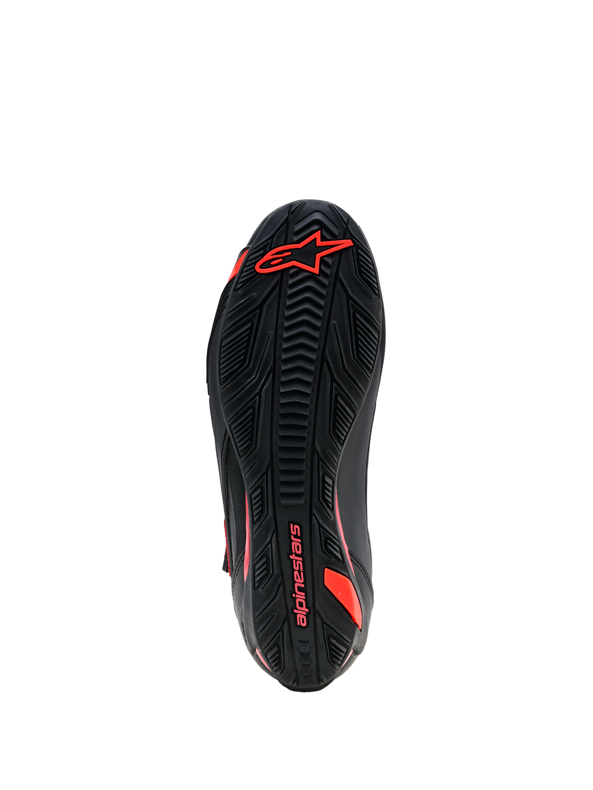 Alpinestars Faster-4 Drystar® Shoes, vista della suola, nero con dettagli rosso fluo, suola in gomma testurizzata con logo e scritta Alpinestars, calzature resistenti per la guida in moto