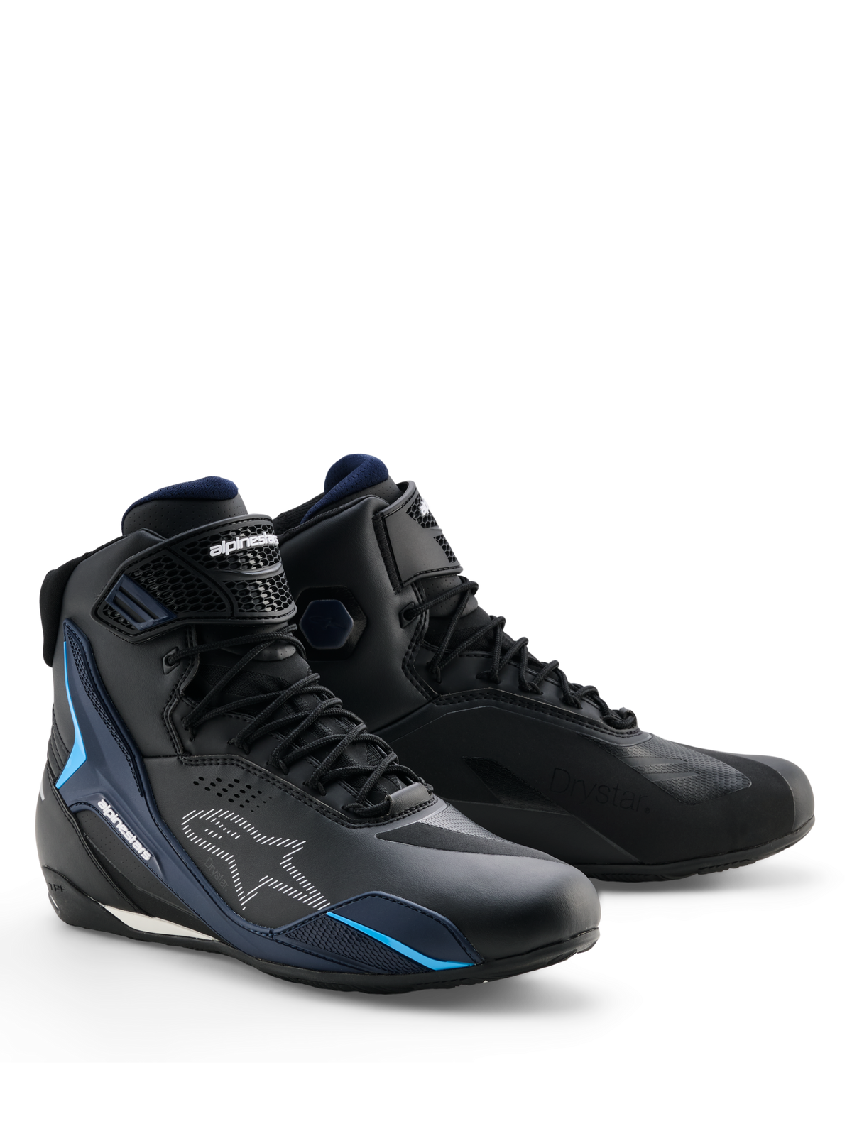 Alpinestars Faster-4 Drystar® Shoes, scarpe da moto impermeabili, Nero Night Navy Cyan, con loghi Alpinestars bianchi e accenti blu ciano, design sportivo con chiusura a lacci e a strappo
