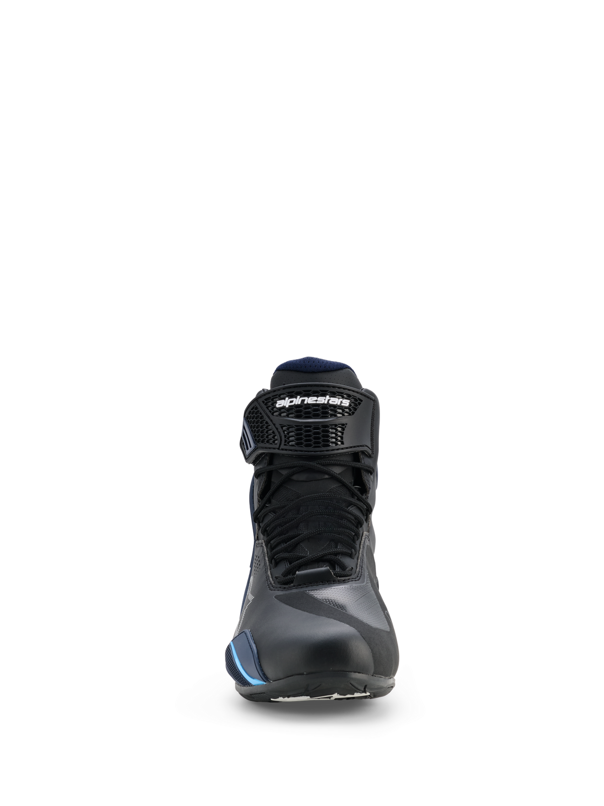Scarpe Alpinestars Faster-4 Drystar®, scarpe da moto impermeabili, Nero Night Navy Cyan, vista frontale che mostra i lacci e il cinturino regolabile sulla caviglia con marchio Alpinestars, design aerodinamico per la guida sportiva