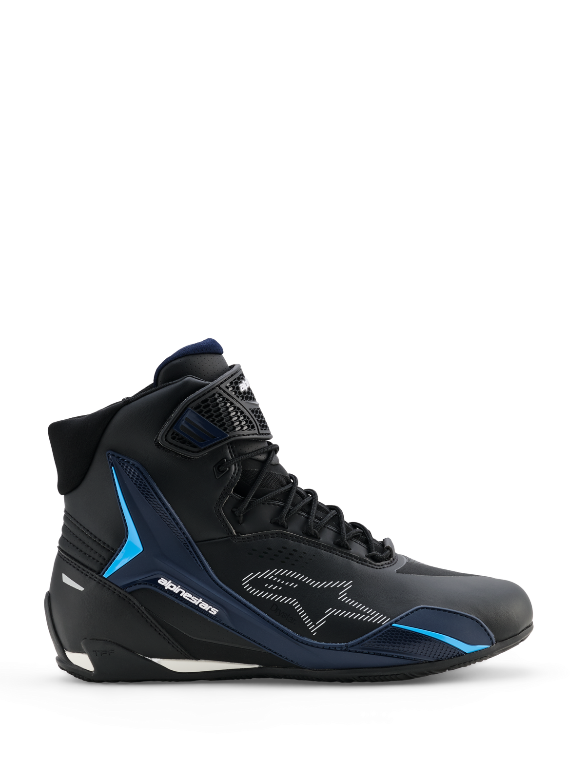Scarpe Alpinestars Faster-4 Drystar, scarpe da moto, nero night navy ciano, vista laterale con design da sneaker high-top, pannelli di supporto in TPU ciano, logo Alpinestars bianco tratteggiato e chiusura con lacci e cinturino testurizzato sulla caviglia.