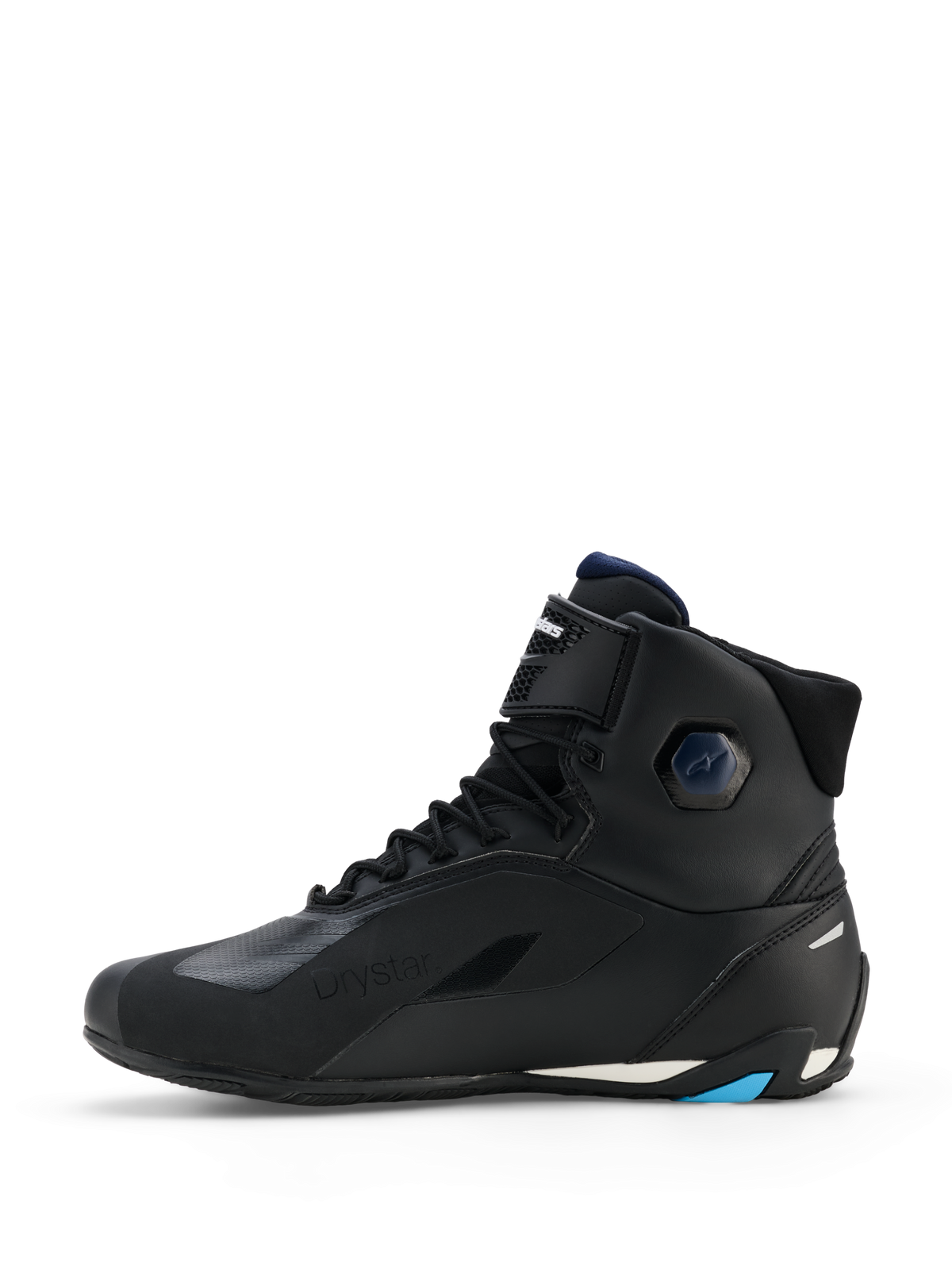Alpinestars Scarpe Faster-4 Drystar®, scarpe da moto high-top, nero con accenti Night Navy e Cyan, vista laterale, dotate di chiusura con lacci, cinturino alla caviglia a strappo e suola protettiva rinforzata