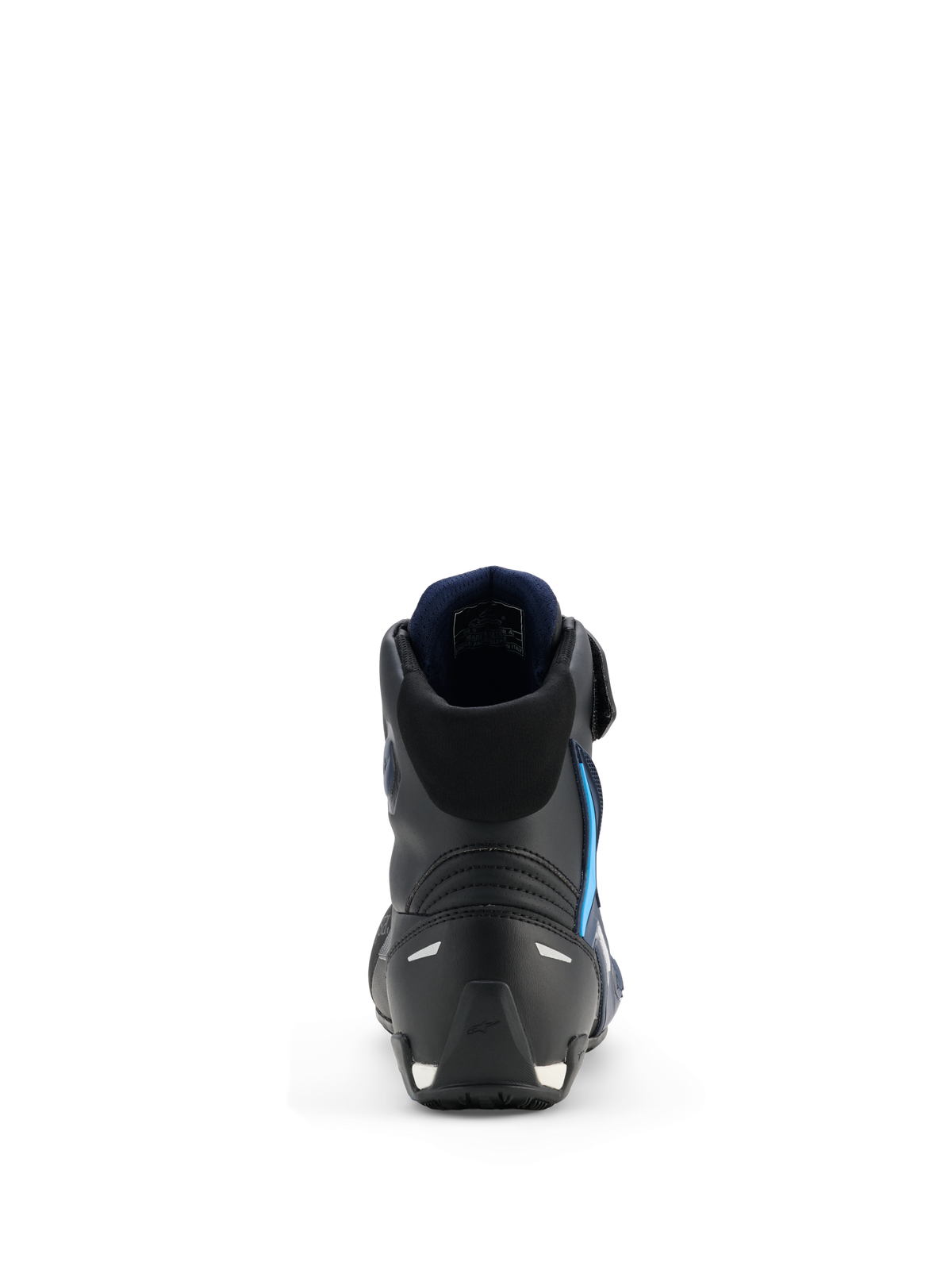 Scarpe Alpinestars Faster-4 Drystar®, scarpe da moto, nero night navy cyan, vista posteriore che evidenzia la struttura rinforzata del tallone e della caviglia, fodera interna blu navy, dettagli riflettenti, design atletico per prestazioni su strada