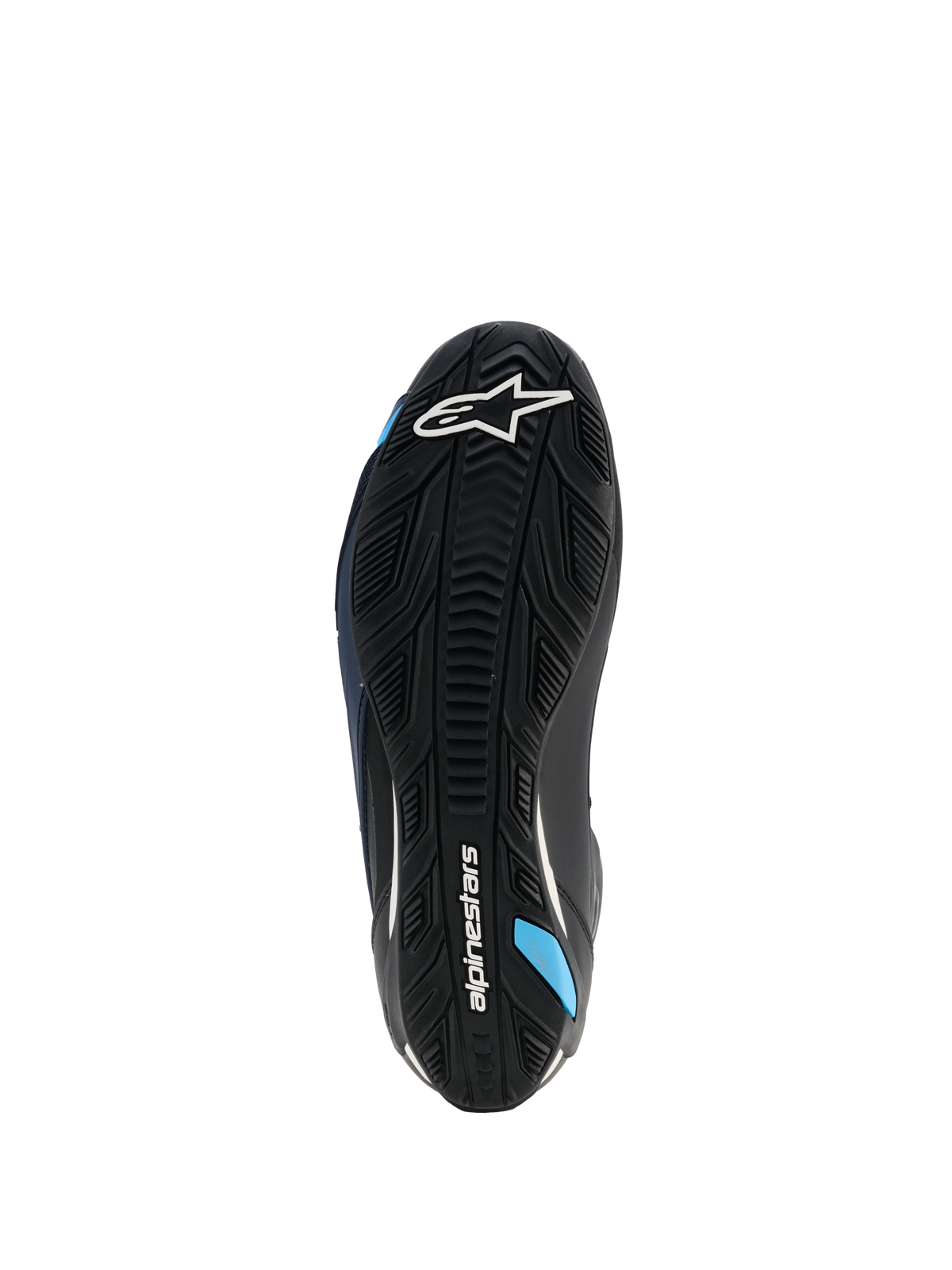 Scarpe Alpinestars Faster-4 Drystar®, vista suola, Nero Night Navy Cyan, con suola in gomma rinforzata e grip testurizzato, logo Alpinestars bianco e accenti blu ciano, progettate per la stabilità alla guida della moto