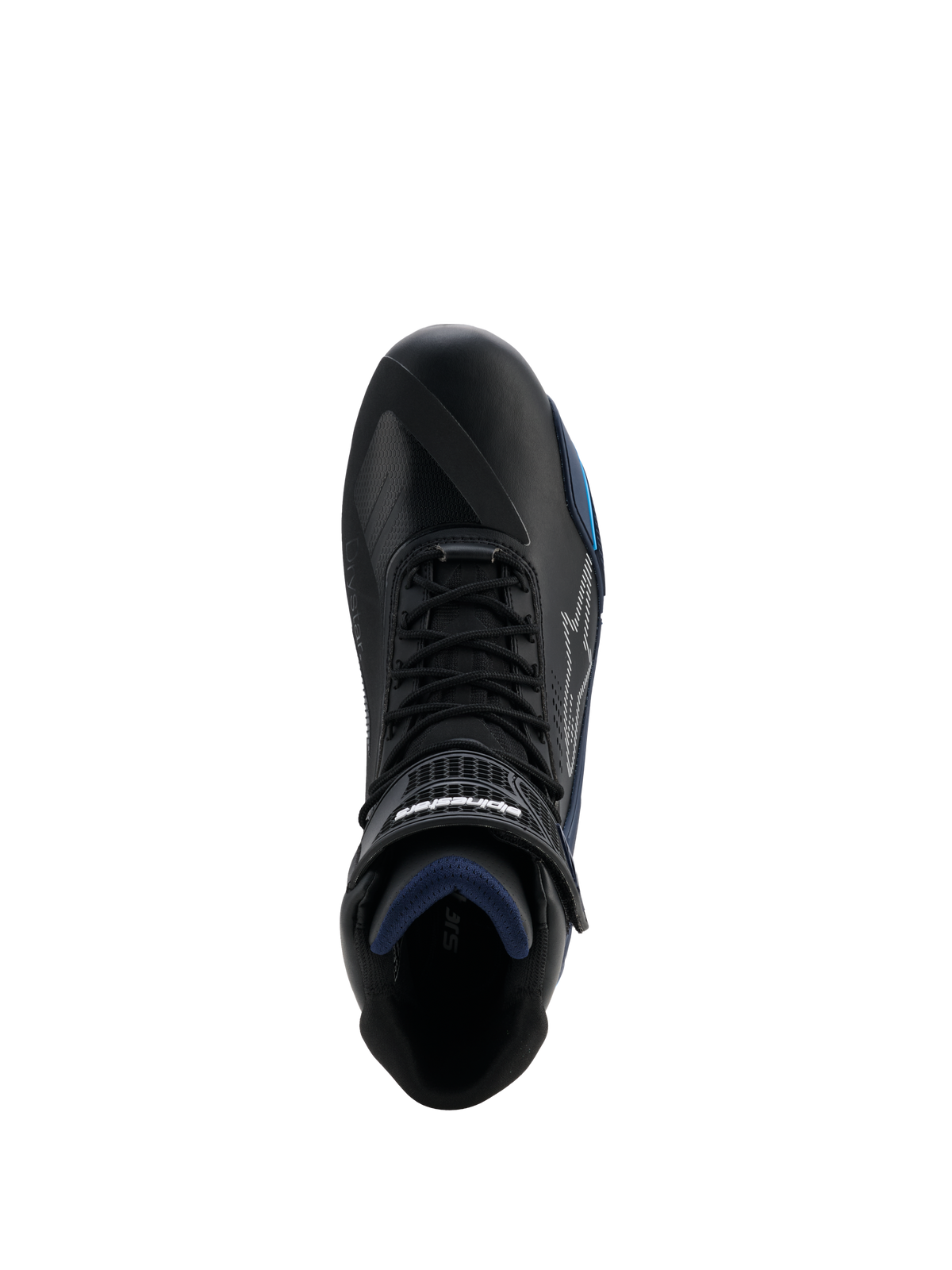 Scarpe Alpinestars Faster-4 Drystar®, vista dall'alto di scarpa da moto nera con accenti Black Night Navy Cyan, chiusura con lacci e cinturino a strappo, costruzione in microfibra impermeabile, calzatura per guida sportiva su strada