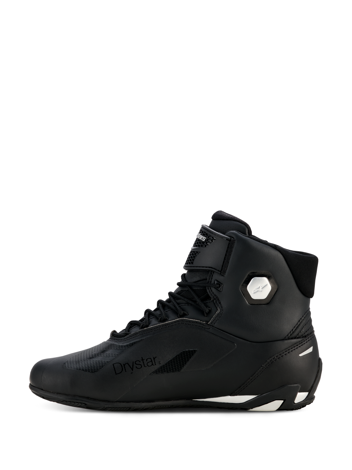 Scarpe Alpinestars Stella Faster-4 Drystar® da donna, nero e argento, vista laterale di profilo, scarpe da moto impermeabili con tomaia in microfibra, chiusura con lacci e cinturino a strappo, con marchio Drystar e logo argento sulla caviglia.