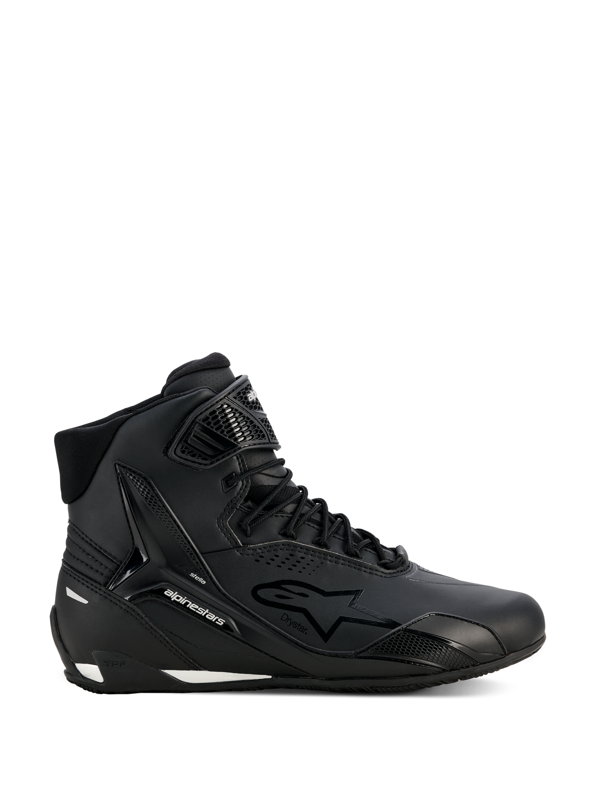 Scarpe Alpinestars Stella Faster-4 Drystar, scarpe da moto da donna, nero e argento, design high-top, chiusura con lacci e cinturino a strappo sulla caviglia, tomaia in microfibra senza cuciture, tecnologia impermeabile, dettagli bianchi su suola e tallone