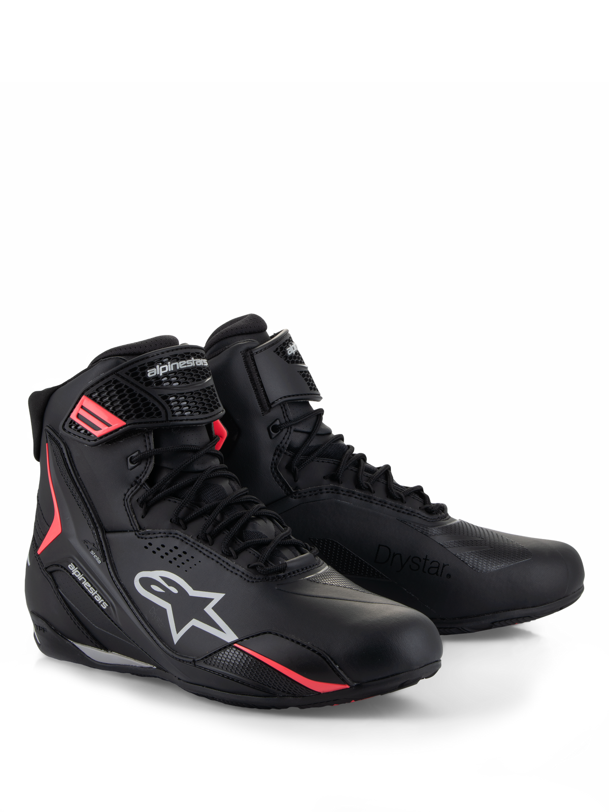 Scarpe Alpinestars Stella Faster-4 Drystar®, scarpe da moto da donna, nero grigio e corallo fluo, dotate di tecnologia impermeabile Drystar®, chiusura con lacci e cinturino a strappo, accenti corallo e loghi Alpinestars bianchi