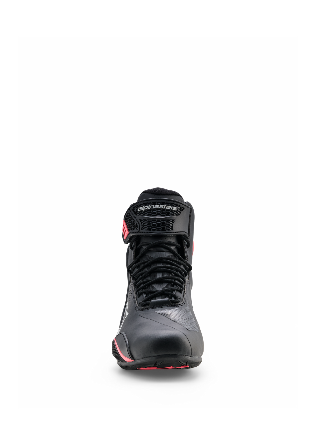 Alpinestars Stella Faster-4 Drystar® Shoes, scarpe da moto da donna, nero, grigio e corallo fluo, vista frontale con chiusura a lacci, cinturino protettivo sulla caviglia con logo e accenti corallo