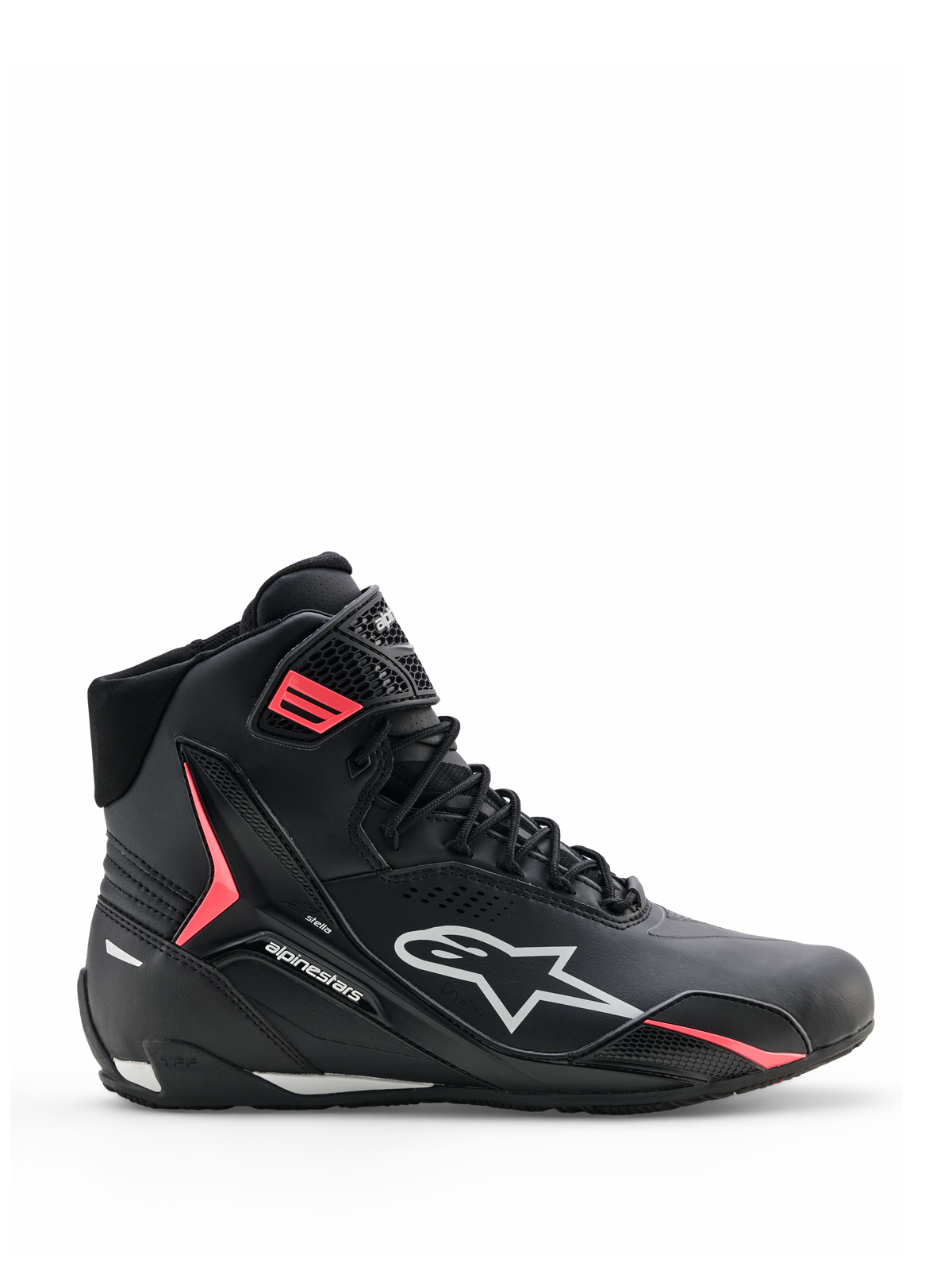 Scarpe Alpinestars Stella Faster-4 Drystar®, scarpe da moto da donna, nere con accenti grigio e corallo fluo, design alto con logo laterale e cinturino a strappo, microfibra impermeabile per la guida sportiva