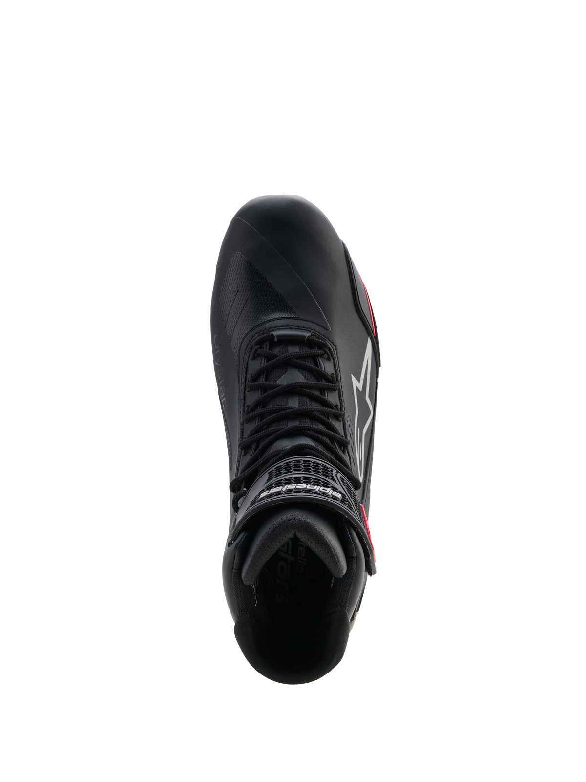 Scarpe Alpinestars Stella Faster-4 Drystar® da donna, scarpe da moto, nero, grigio e corallo fluo, vista dall'alto che mostra il sistema di allacciatura e il cinturino a strappo sulla caviglia, design elegante in microfibra con tecnologia impermeabile Drystar®