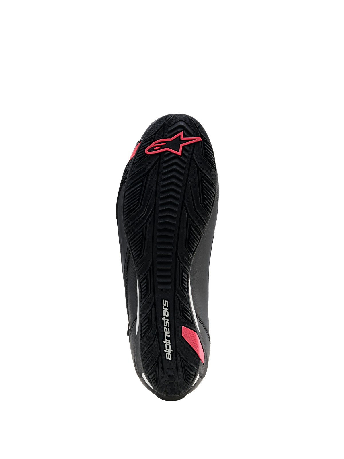 Scarpe Alpinestars Stella Faster-4 Drystar®, scarpe da moto da donna, nero e corallo fluo, vista inferiore della suola in gomma testurizzata con motivo grip, logo Astars e marchio Alpinestars.