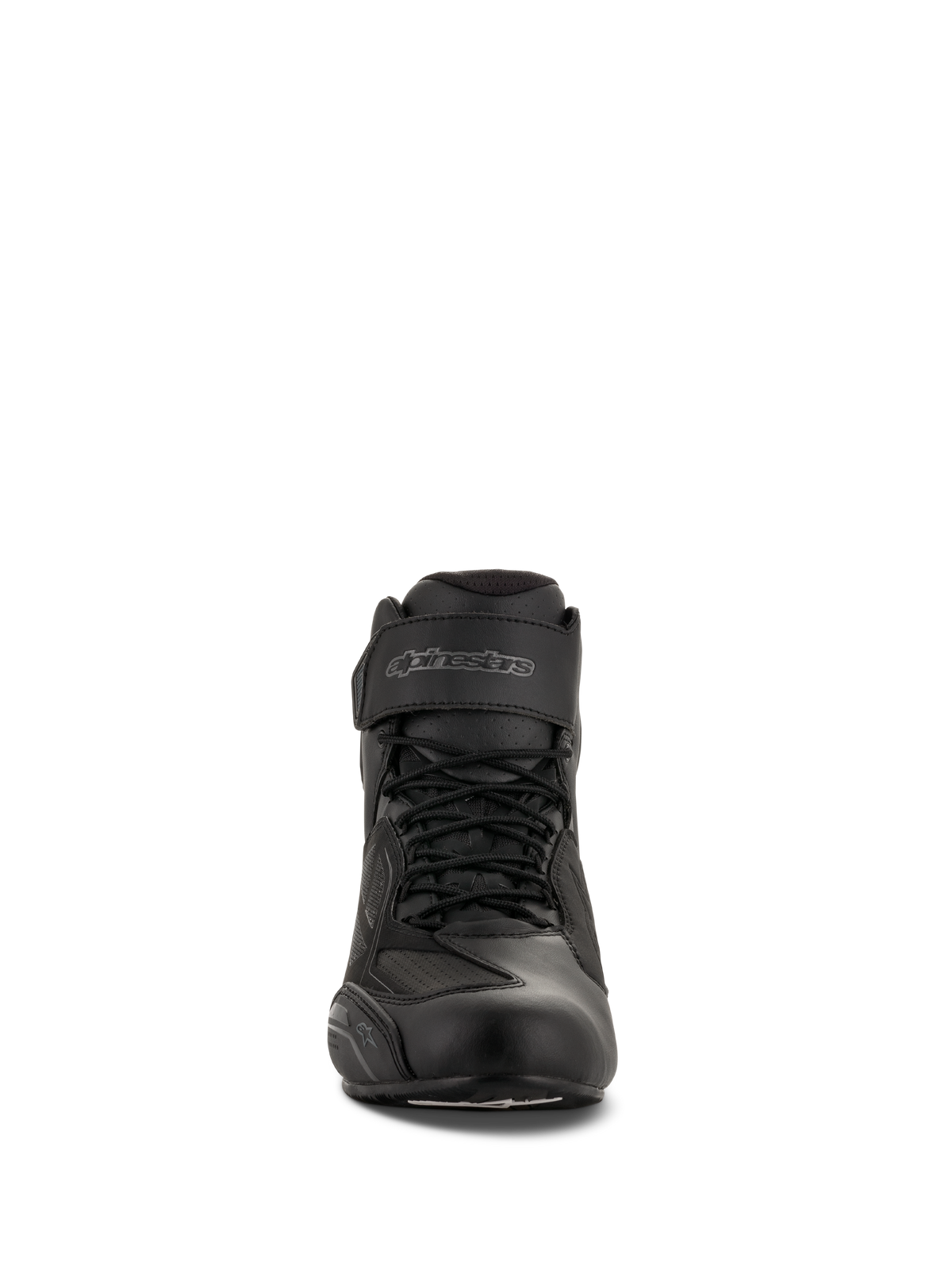 Scarpe da moto Alpinestars Faster-3 Drystar®, Black Cool Gray, vista frontale con chiusura a lacci e cinturino in velcro sulla caviglia, calzature da moto impermeabili in microfibra.