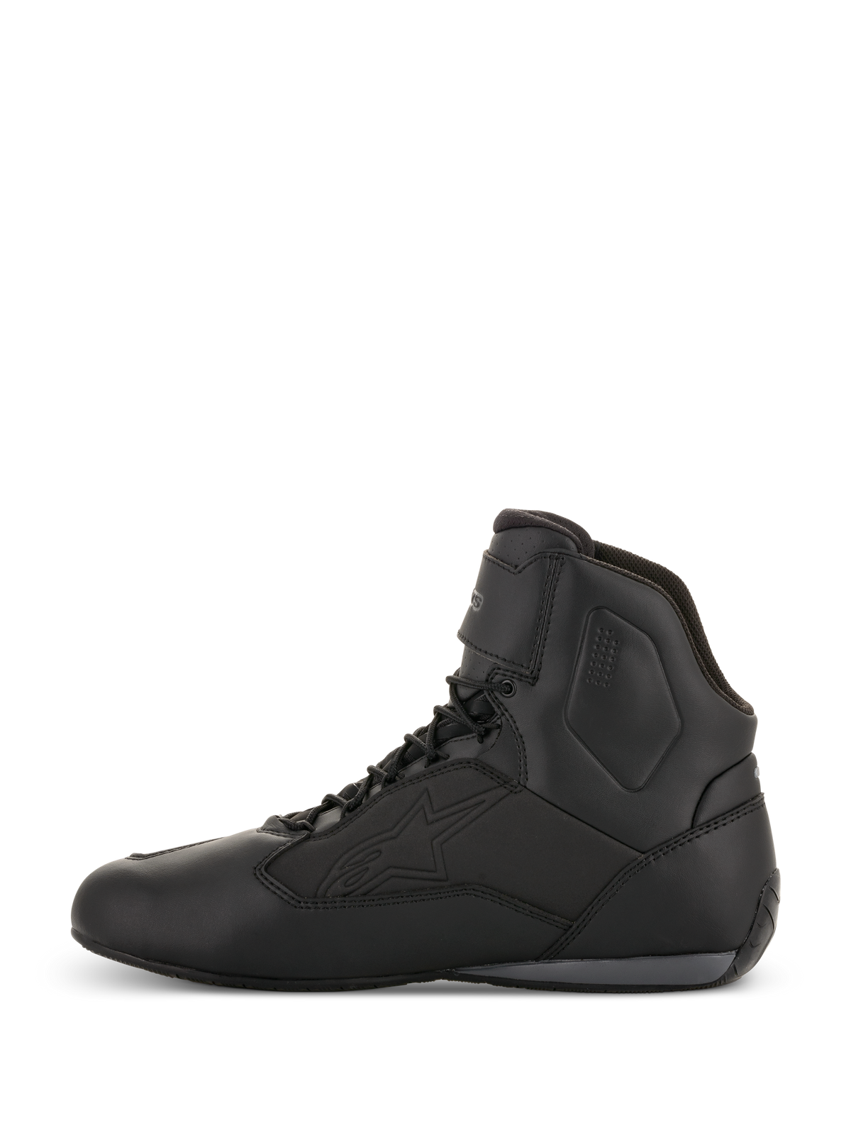 Alpinestars Faster-3 Drystar® Riding Shoes, scarpe da moto, nero e grigio freddo, vista laterale, design a collo alto con lacci, costruzione in microfibra impermeabile, abbigliamento tecnico per guida su strada