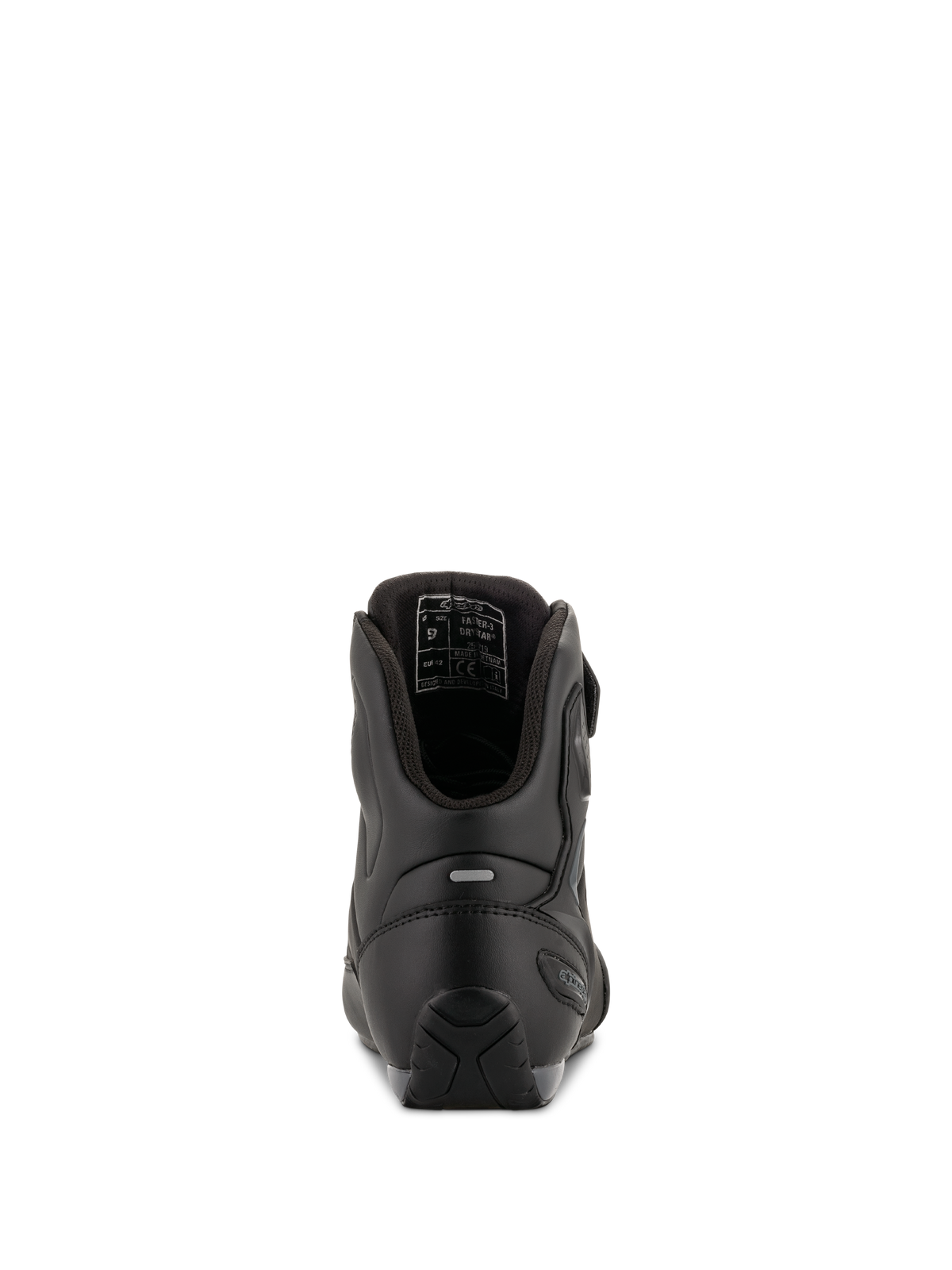 Scarpe da moto Alpinestars Faster-3 Drystar®, Black Cool Gray, vista posteriore con rinforzo del tallone, inserto riflettente e fodera interna, struttura in microfibra impermeabile per guida su strada