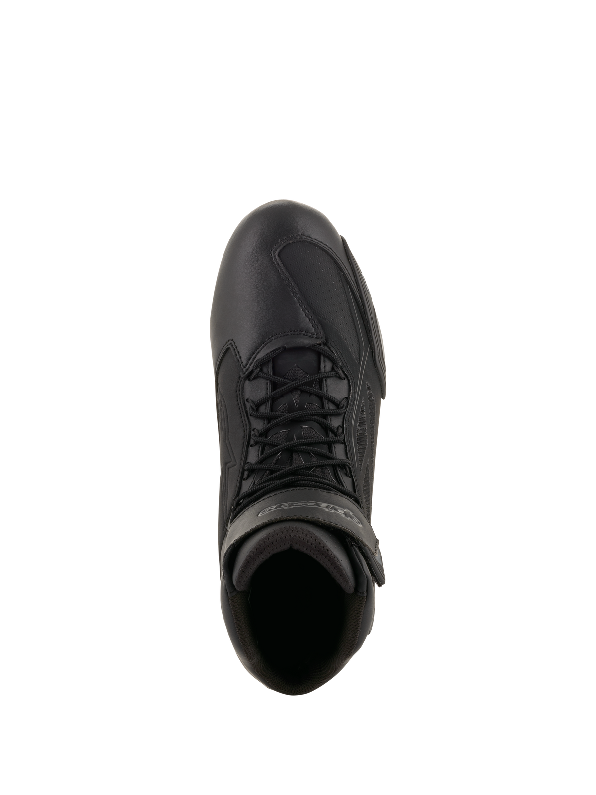 Alpinestars Faster-3 Drystar® Riding Shoes, scarpe da moto, nero e grigio freddo, vista dall'alto che mostra la tomaia in microfibra, i lacci neri e il cinturino in velcro sulla caviglia, design tecnico d'ispirazione sportiva per la guida su strada in ogni condizione climatica