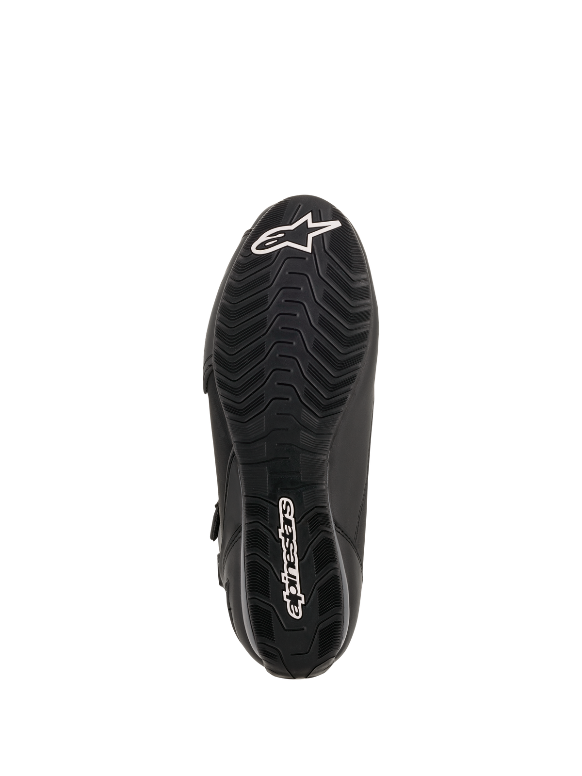 Alpinestars Faster-3 Drystar® Riding Shoes, vista della suola, gomma nera con battistrada dalla trama ondulata, logo a stella Alpinestars bianco sulla punta e wordmark sul tallone, calzatura tecnica da moto.