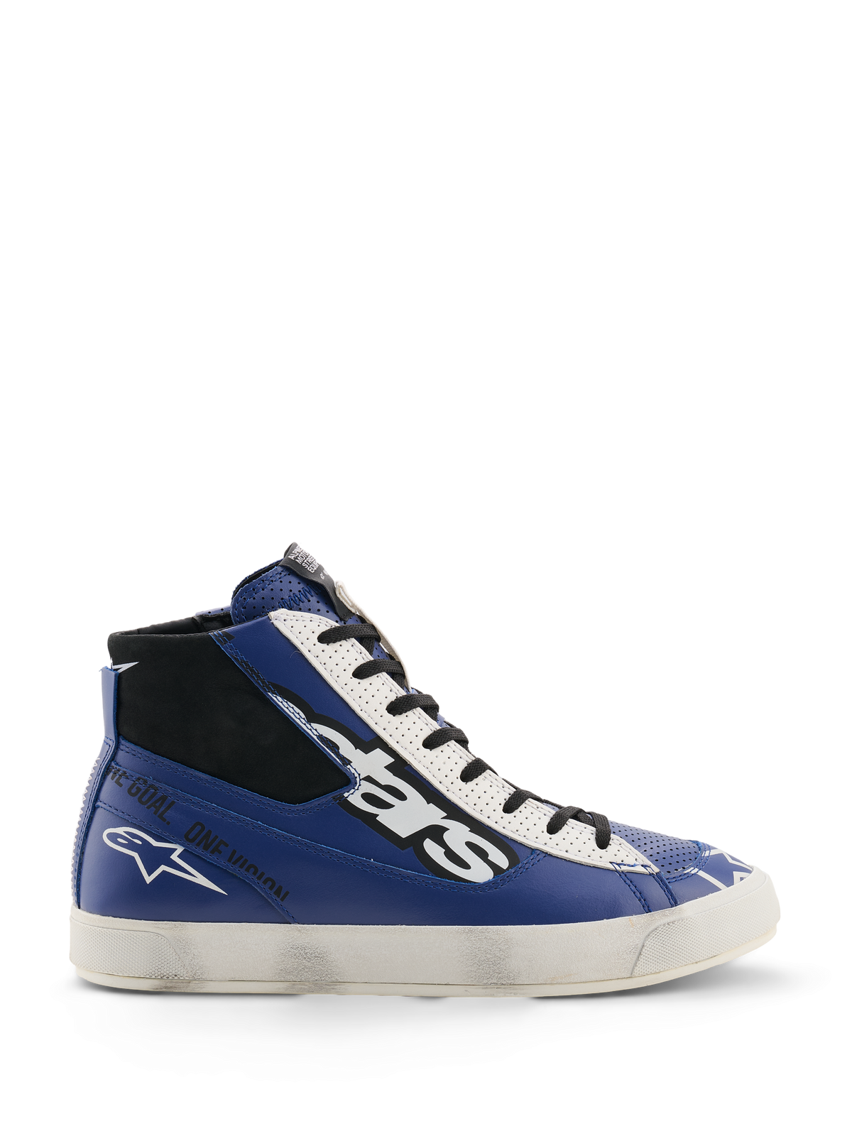 Alpinestars Scarpe Stated Flair, scarpe da moto urbane, blu acceso, bianco e nero, struttura in pelle a profilo alto con grande logo bianco e nero, scritta 'One Goal. One Vision.' sul lato e suola vulcanizzata bianca d'ispirazione vintage con effetto usurato applicato a mano