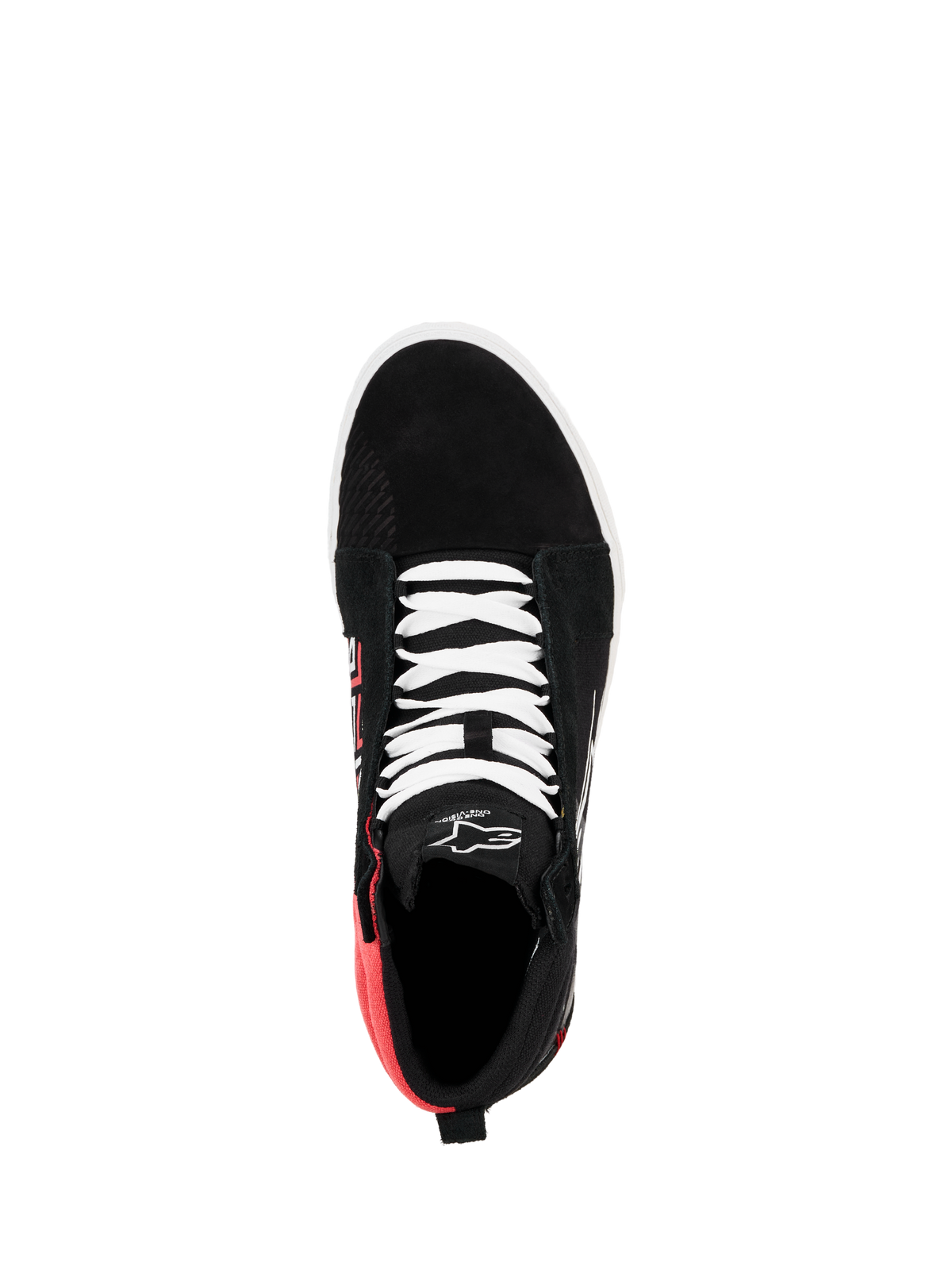 Alpinestars FQ20 Ride-63 Canvas Shoe, vista dall'alto, nera con lacci bianchi e sezione del tallone rosso acceso, scarpa da moto casual alta con logo Alpinestars sulla linguetta