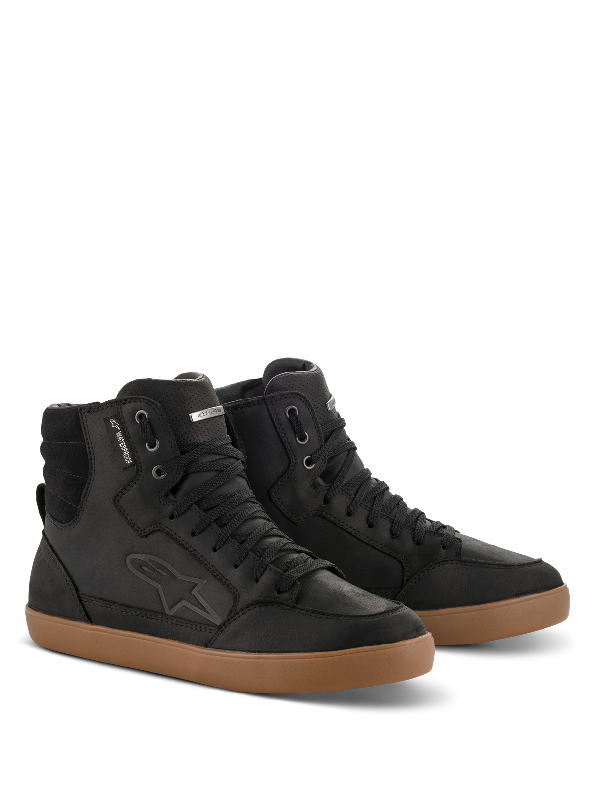 Alpinestars J-6 Waterproof Shoe, nero e gomma, scarpe da moto alte in pelle premium, design stile sneaker con suola in gomma color cuoio, etichetta impermeabile e logo impresso, look casual urbano